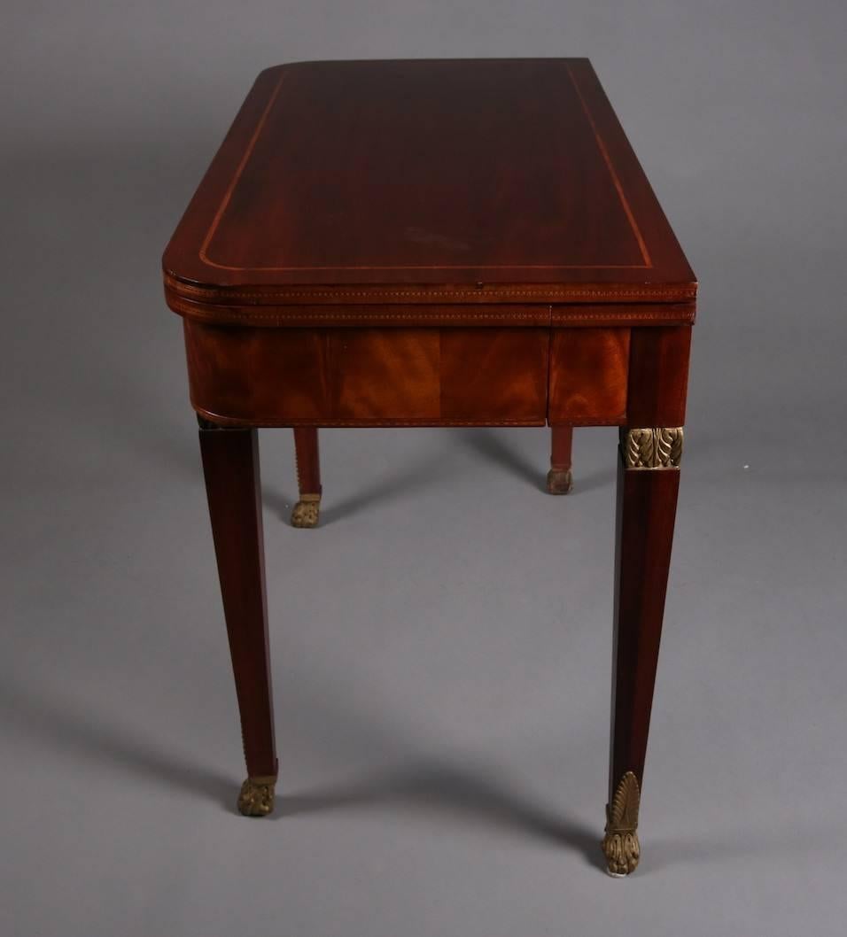 Antique French Empire Flame Mahogany Satinwood Banded and Gilt Game Table, 19thC 1