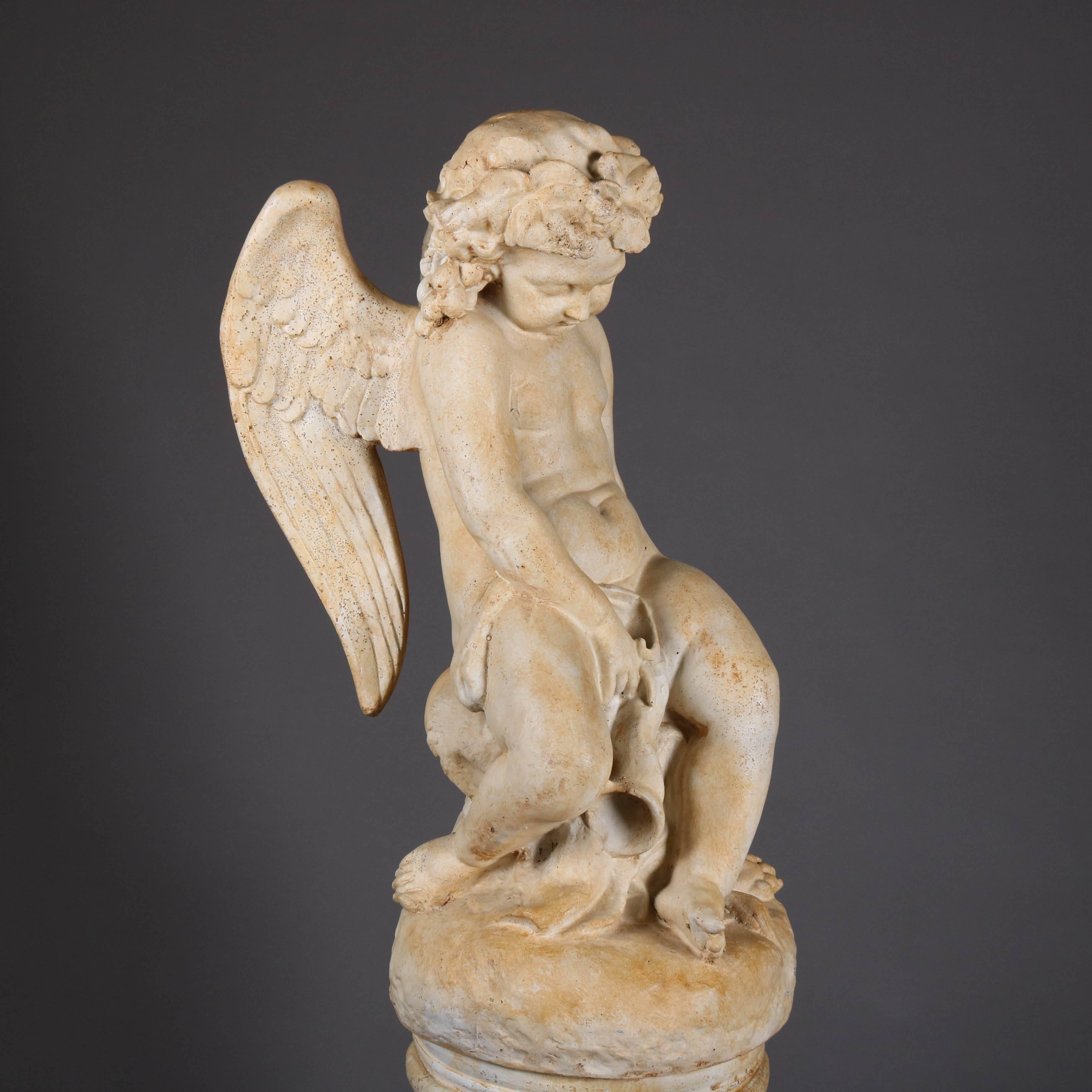 Classical figural cherub resin sculpture on Corinthian column pedestal, 20th century.

Measures - 64" H x 20" W @ W, cherub: 15.5 bs, ped: 30" H, 13.75" top, 12.75" bs.