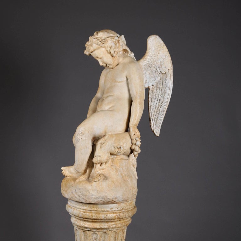 Classical Cherub Resin Sculpture on Corinthian Column Pedestal, 20th