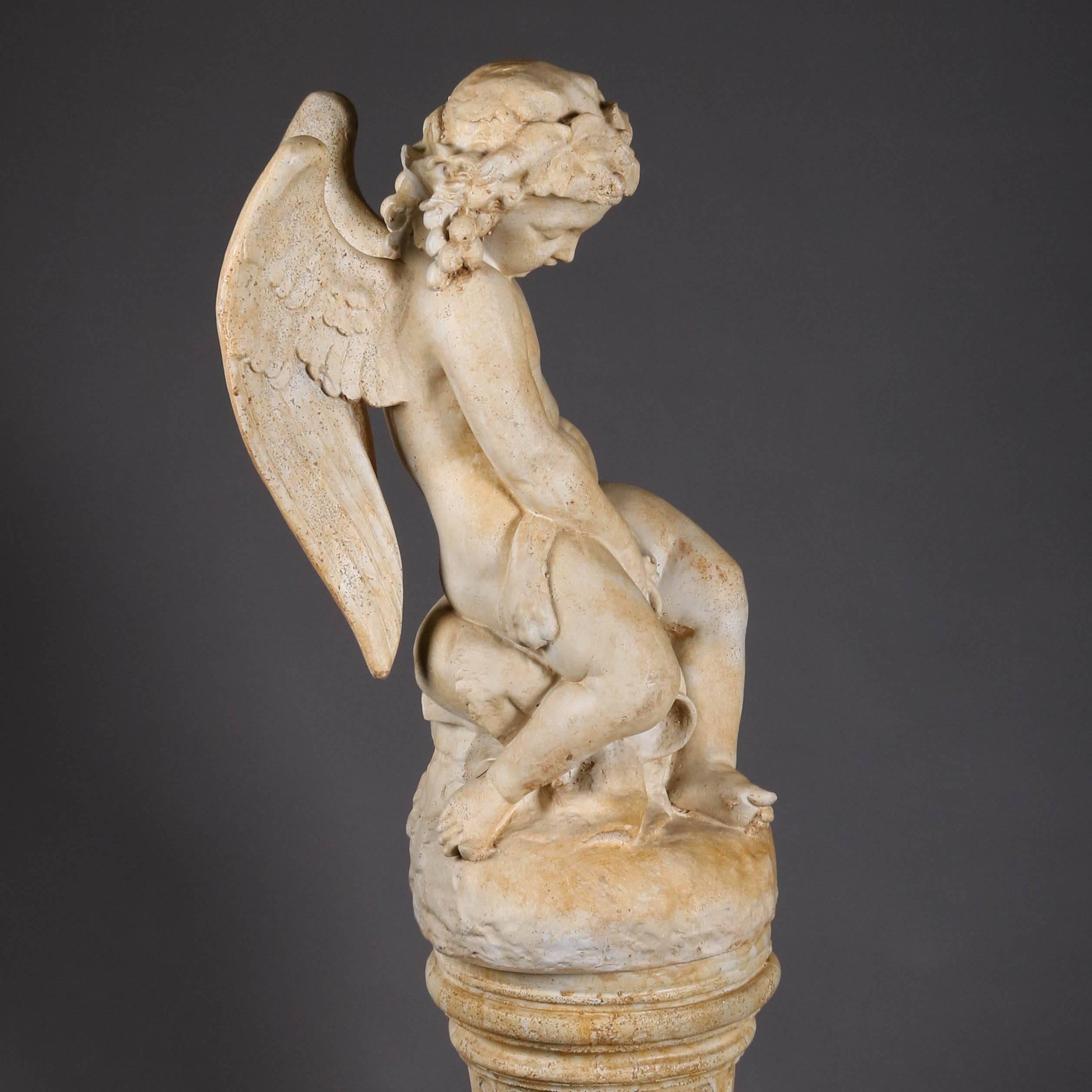 Classical Cherub Resin Sculpture on Corinthian Column Pedestal, 20th Century 3