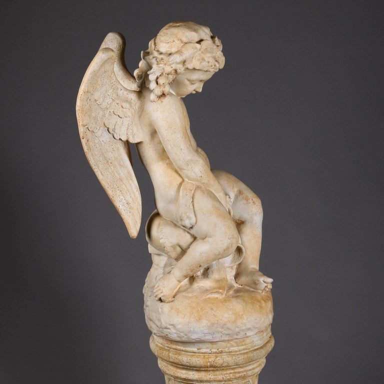 Classical Cherub Resin Sculpture on Corinthian Column Pedestal, 20th