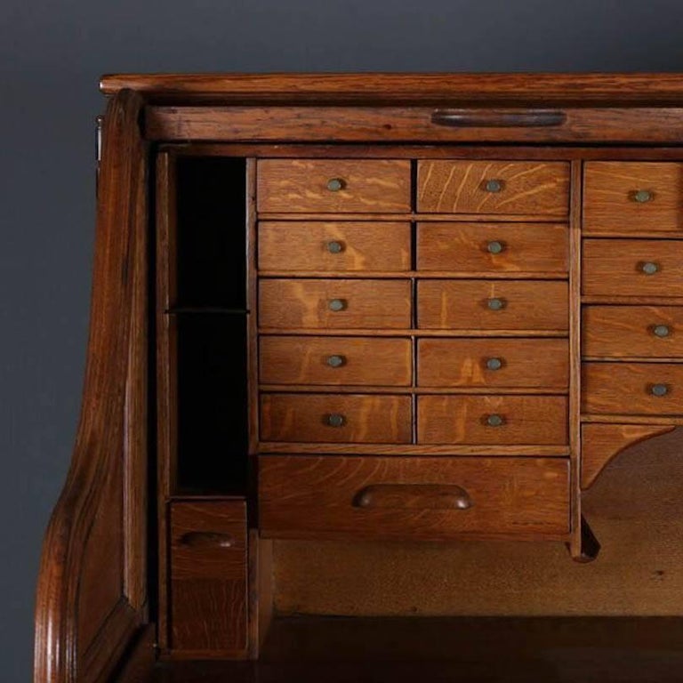 Antique Oak Roll Top Desk With Swing Sides By Derby Boston Mass