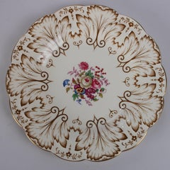 Set of 12 English Royal Cauldron Porcelain Dinner Plates, Floral and Gilt