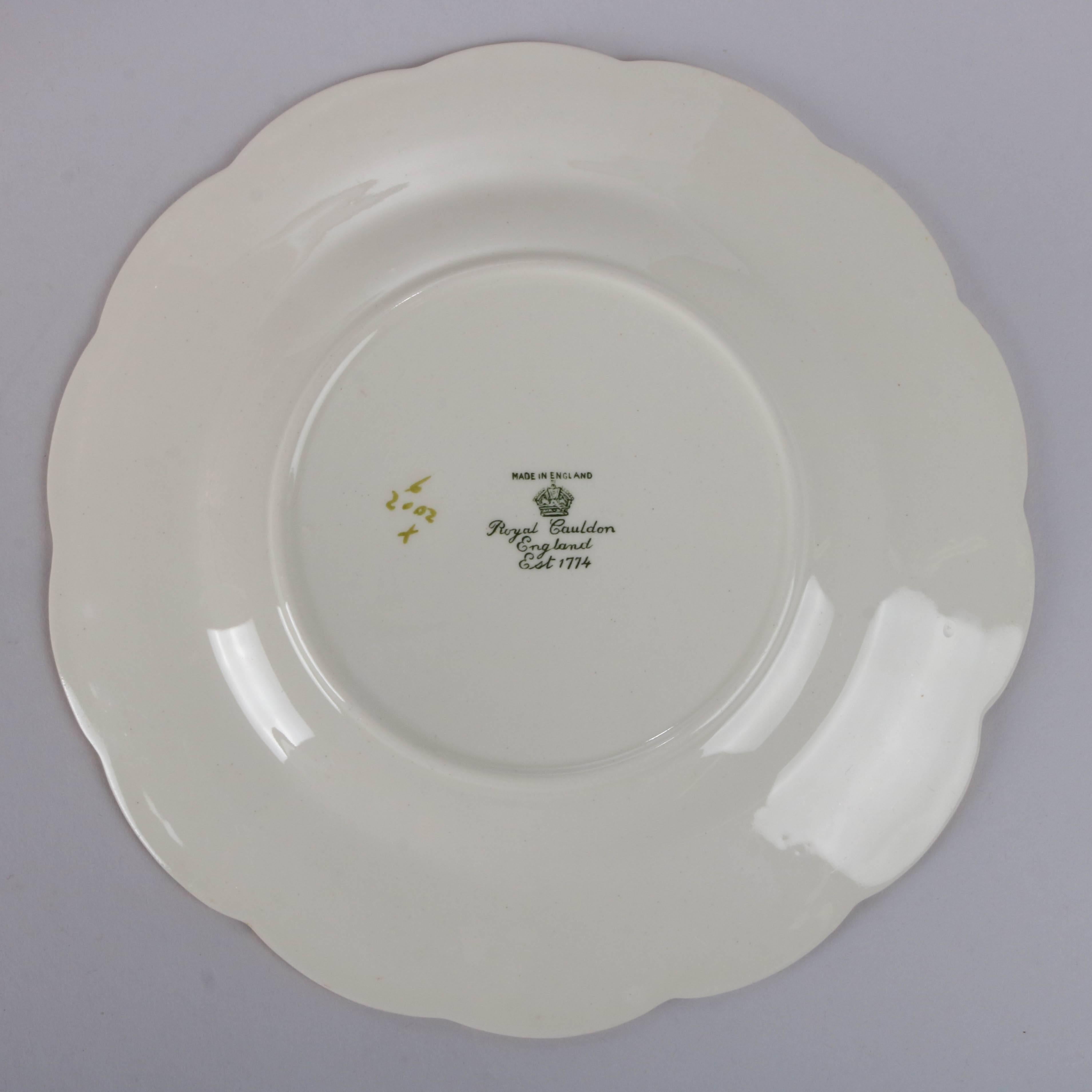 20th Century Set of 12 English Royal Cauldron Porcelain Dinner Plates, Floral and Gilt