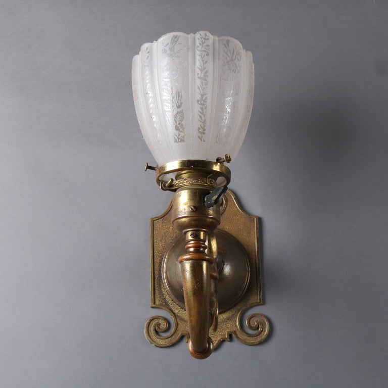 Set of Four Antique Arts and Crafts Brass and Etched Glass Double Light