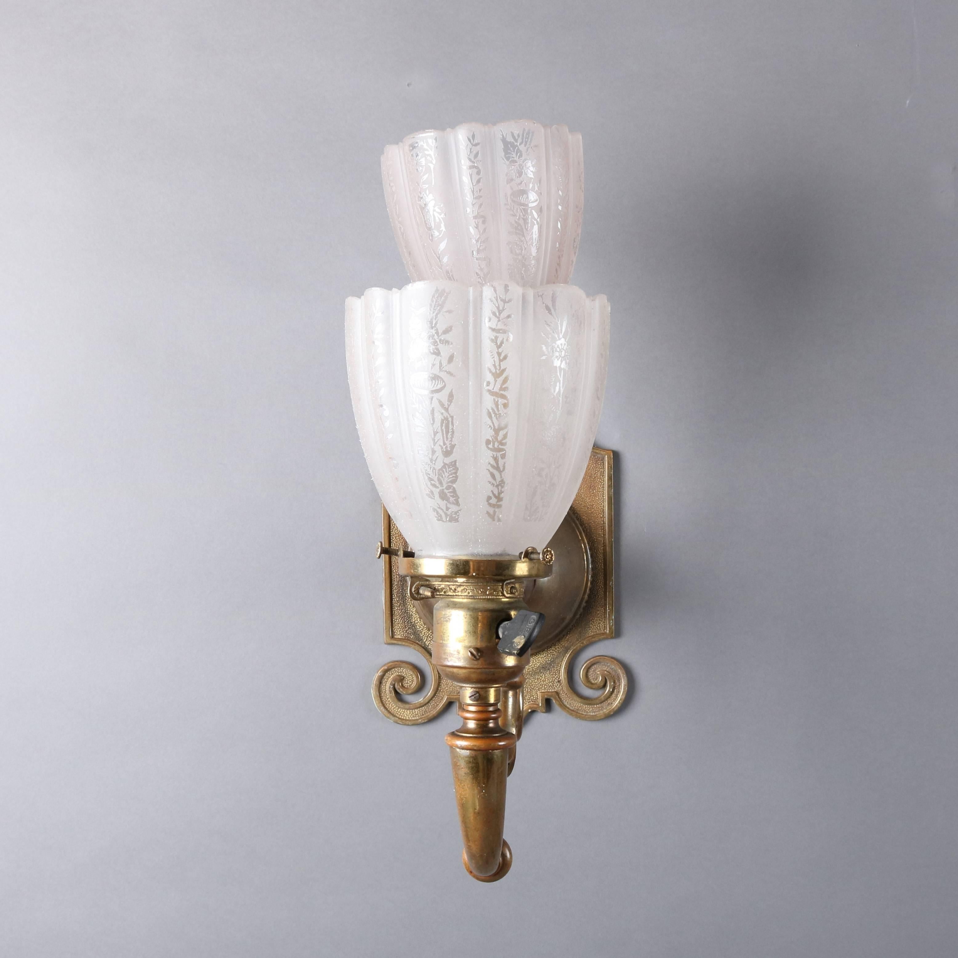 Arts and Crafts Set of Four Antique Arts & Crafts Brass & Etched Glass Double Light Wall Sconces