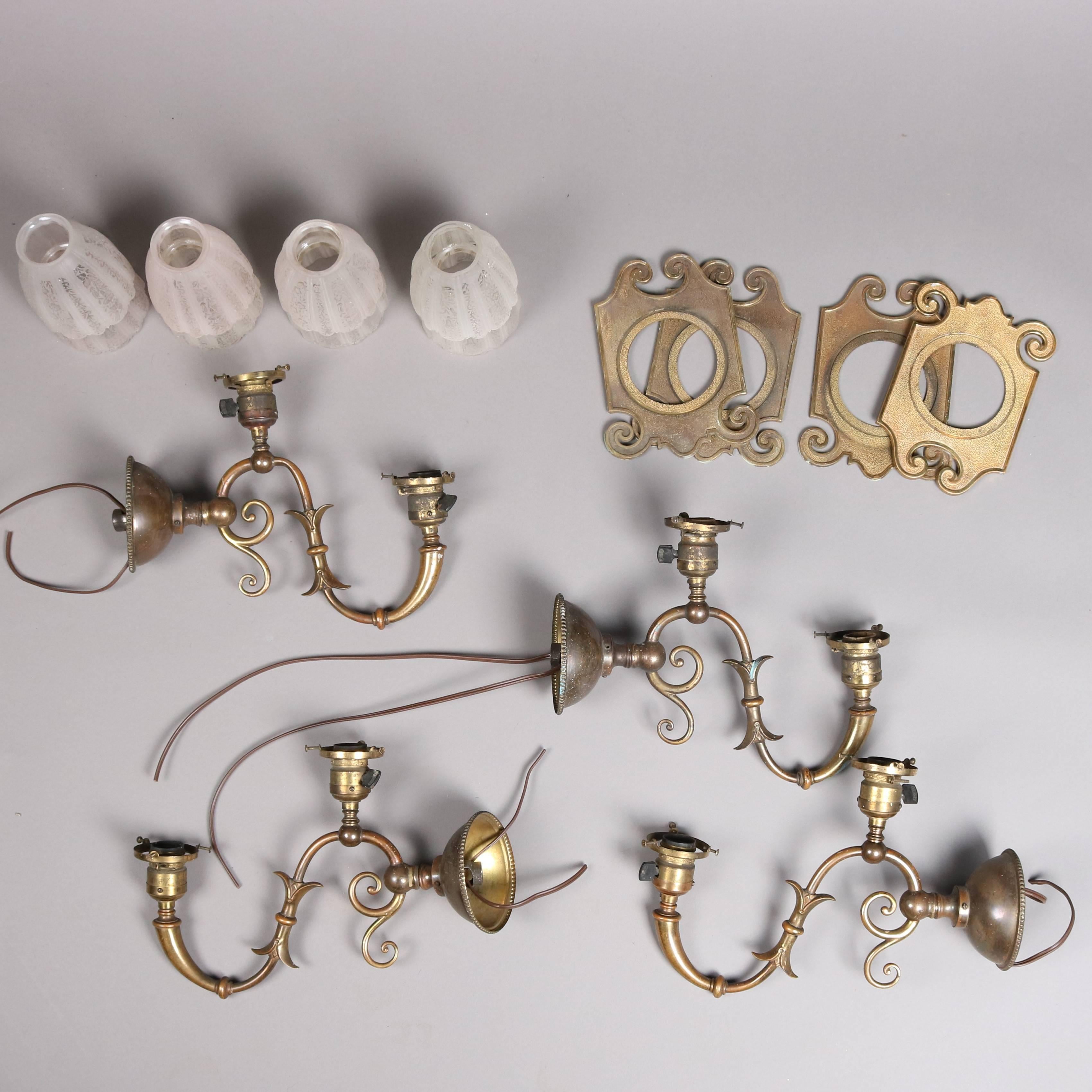 Set of Four Antique Arts & Crafts Brass & Etched Glass Double Light Wall Sconces In Good Condition In Big Flats, NY