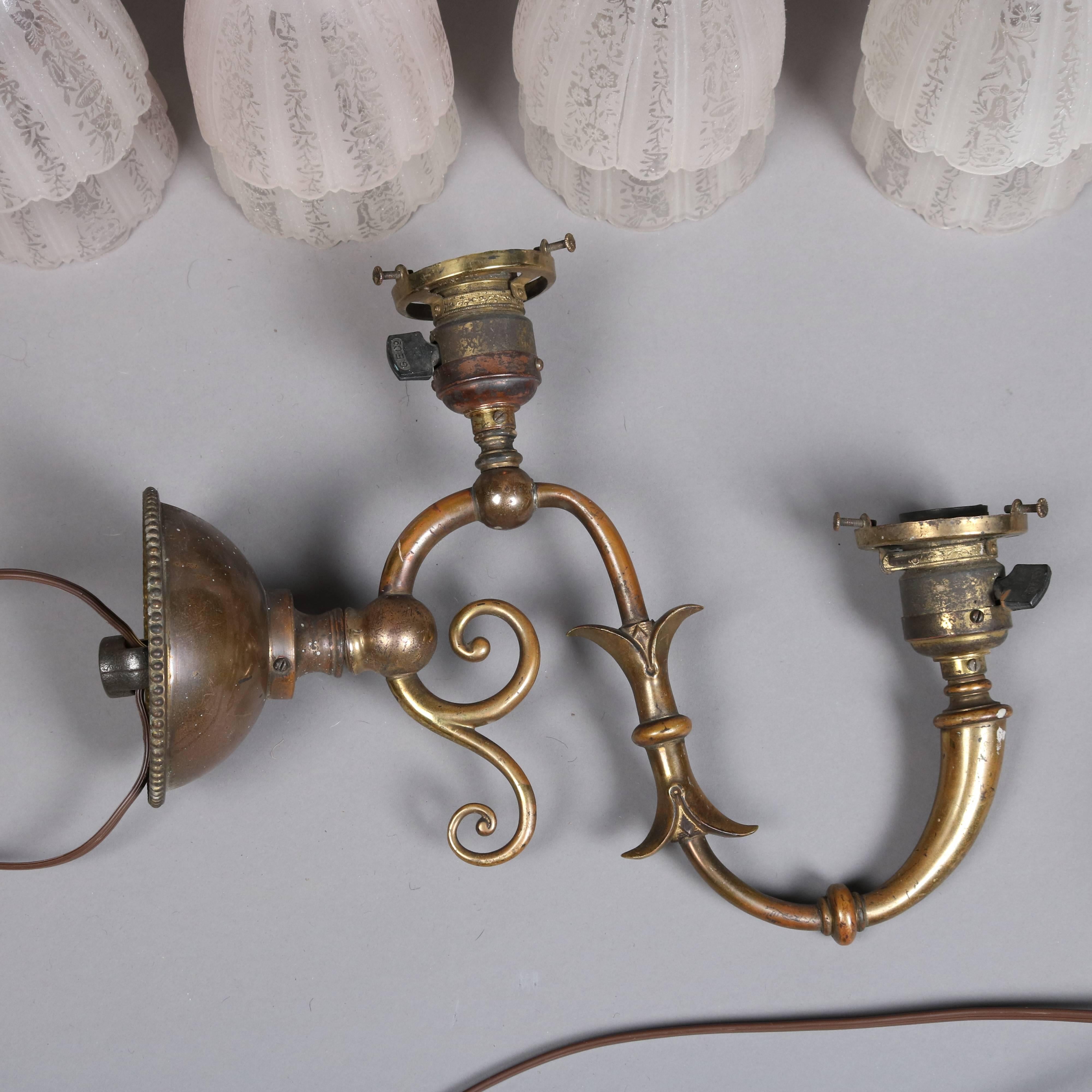 20th Century Set of Four Antique Arts & Crafts Brass & Etched Glass Double Light Wall Sconces