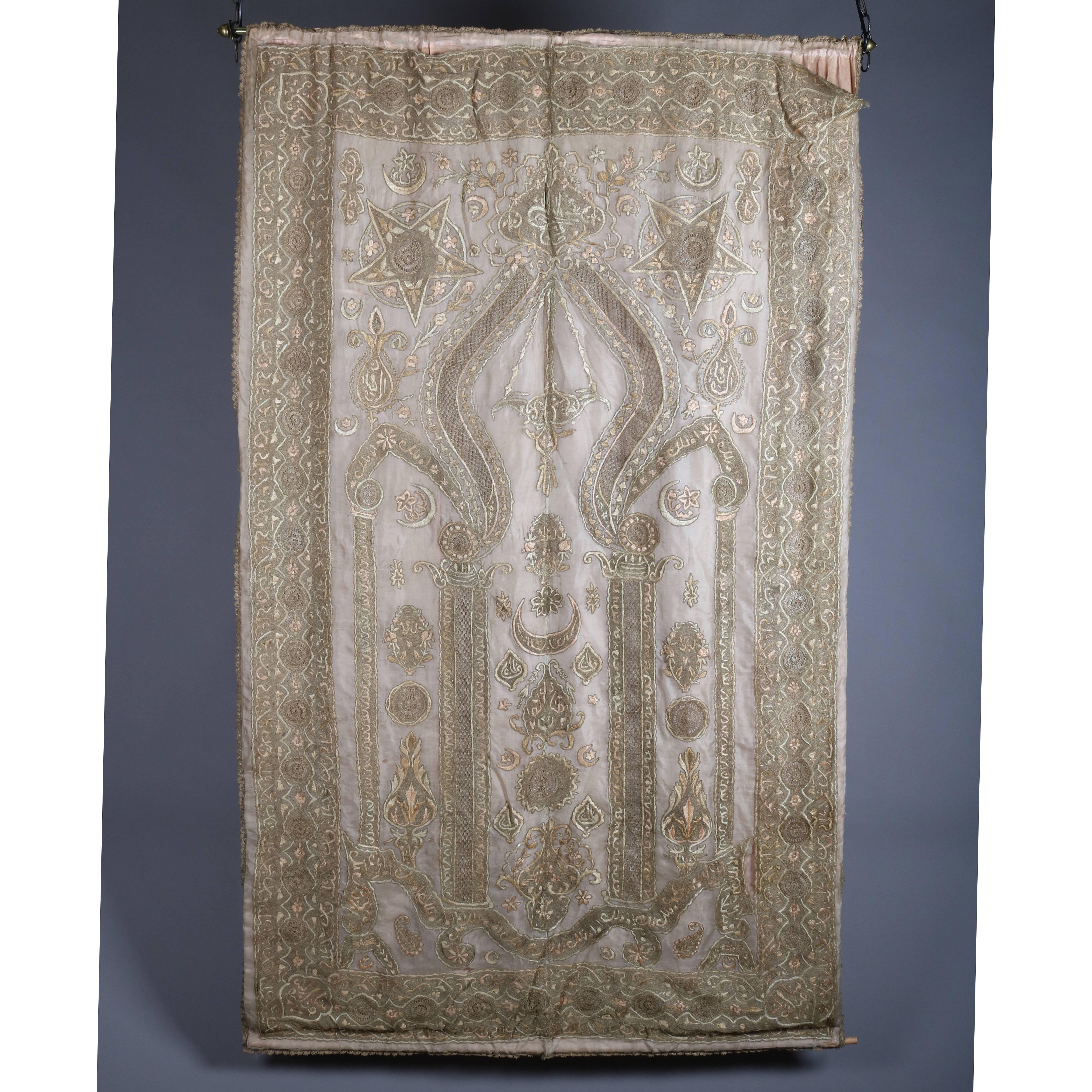 Hand-Crafted Antique Syrian Persian Embroidered Silk Prayer Niche Wall Tapestry, 19th Century