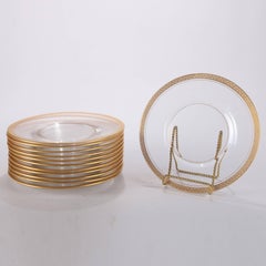12 Crystal Dessert Plates with Gold Olive Branch Border, 20th Century