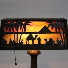 Persian Pierced Bronze Metal Slag Glass Desk Lamp, Desert Scene, 20th Century