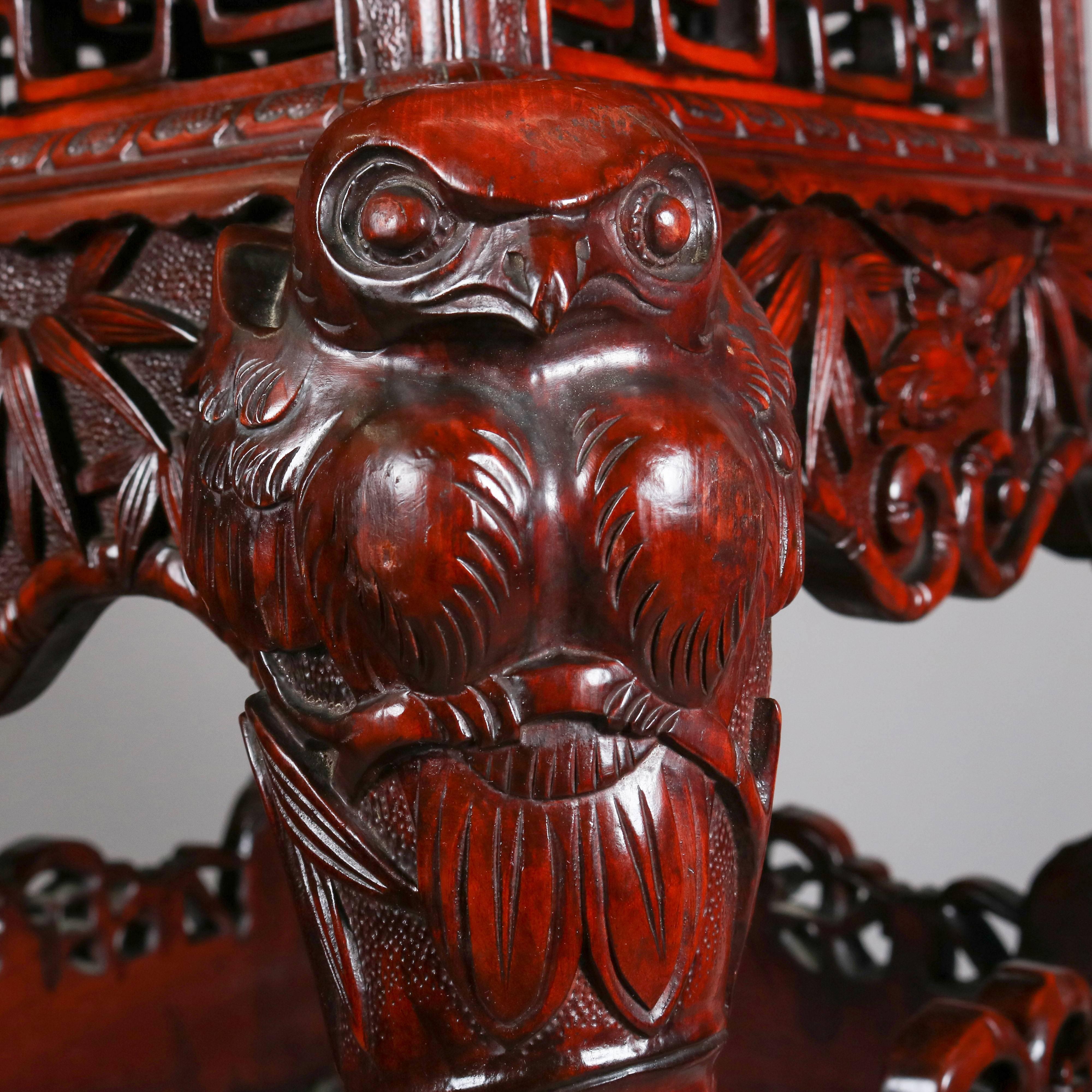 Antique Japanese Hand-Carved Hardwood Figural Owl Tiered Stand, circa 1900 In Good Condition In Big Flats, NY