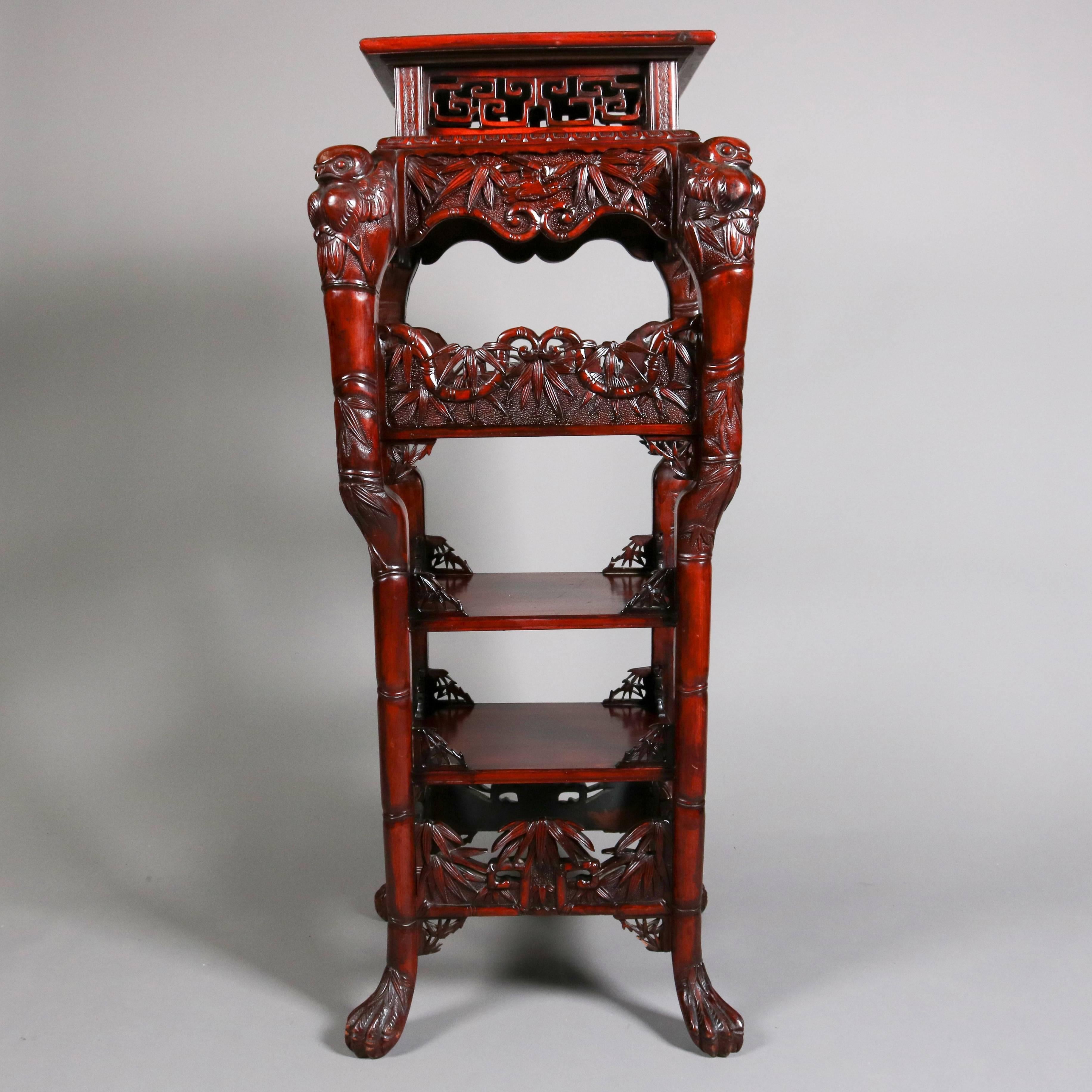 20th Century Antique Japanese Hand-Carved Hardwood Figural Owl Tiered Stand, circa 1900