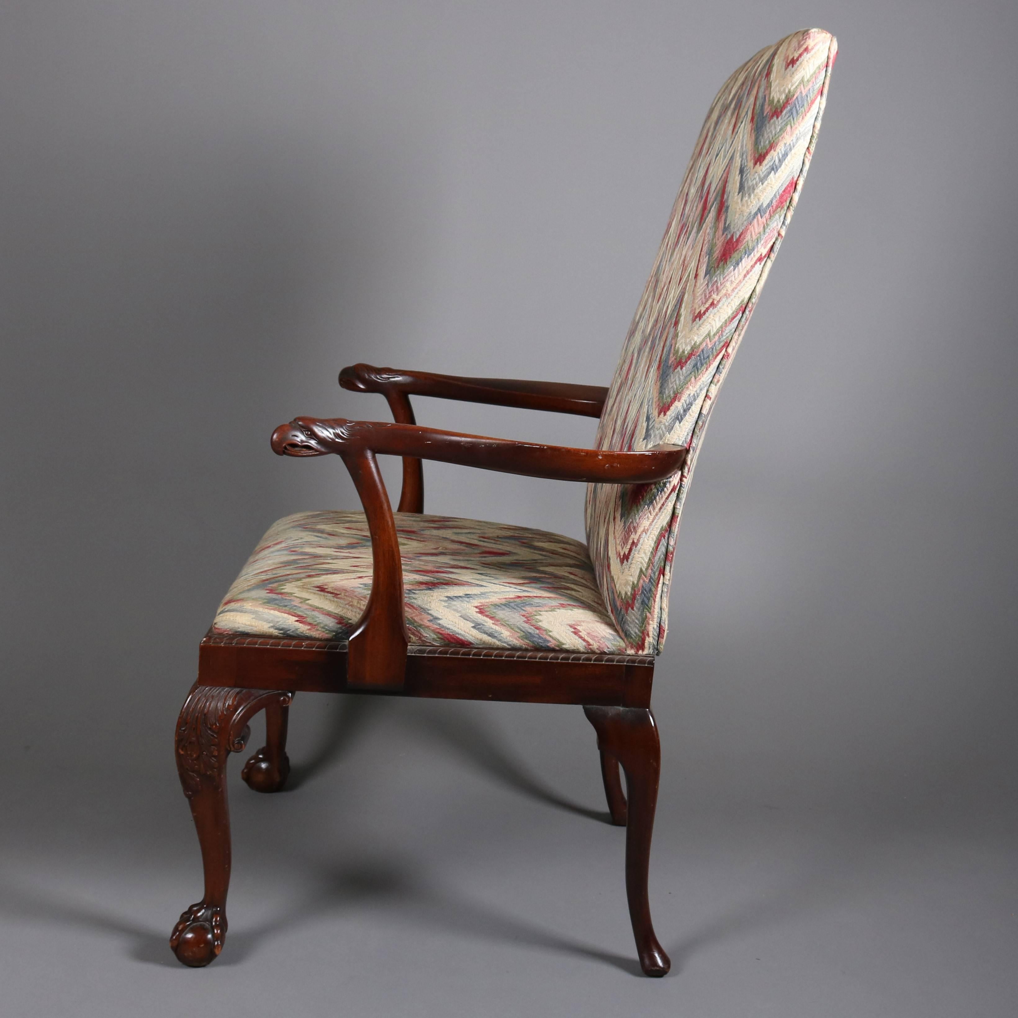 19th Century Antique Carved Mahogany Figural Chippendale Lolling Armchair with Falcons