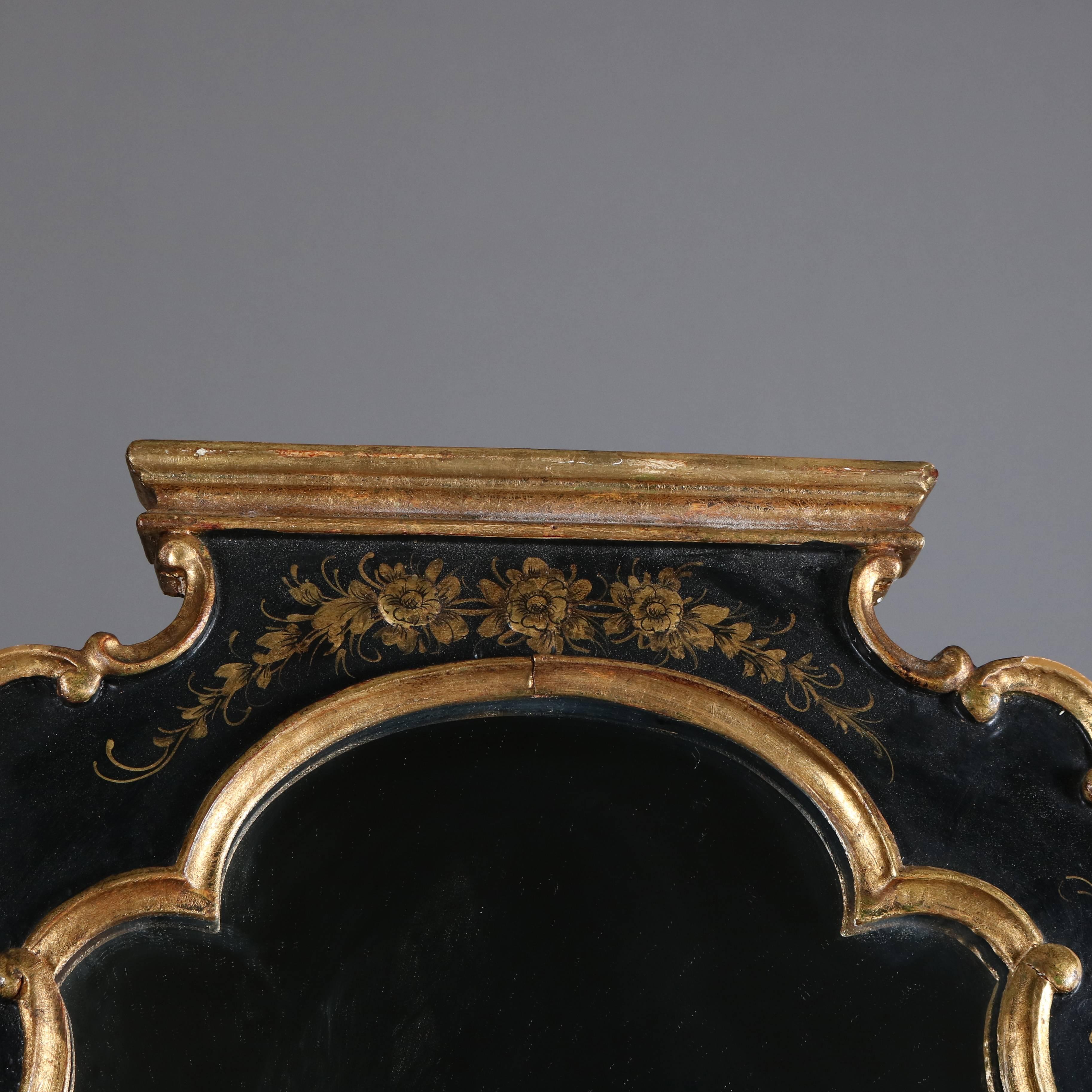 European Antique Chinoiserie Hand-Painted Gilt Ebonized Triptych over Mantel Mirror
