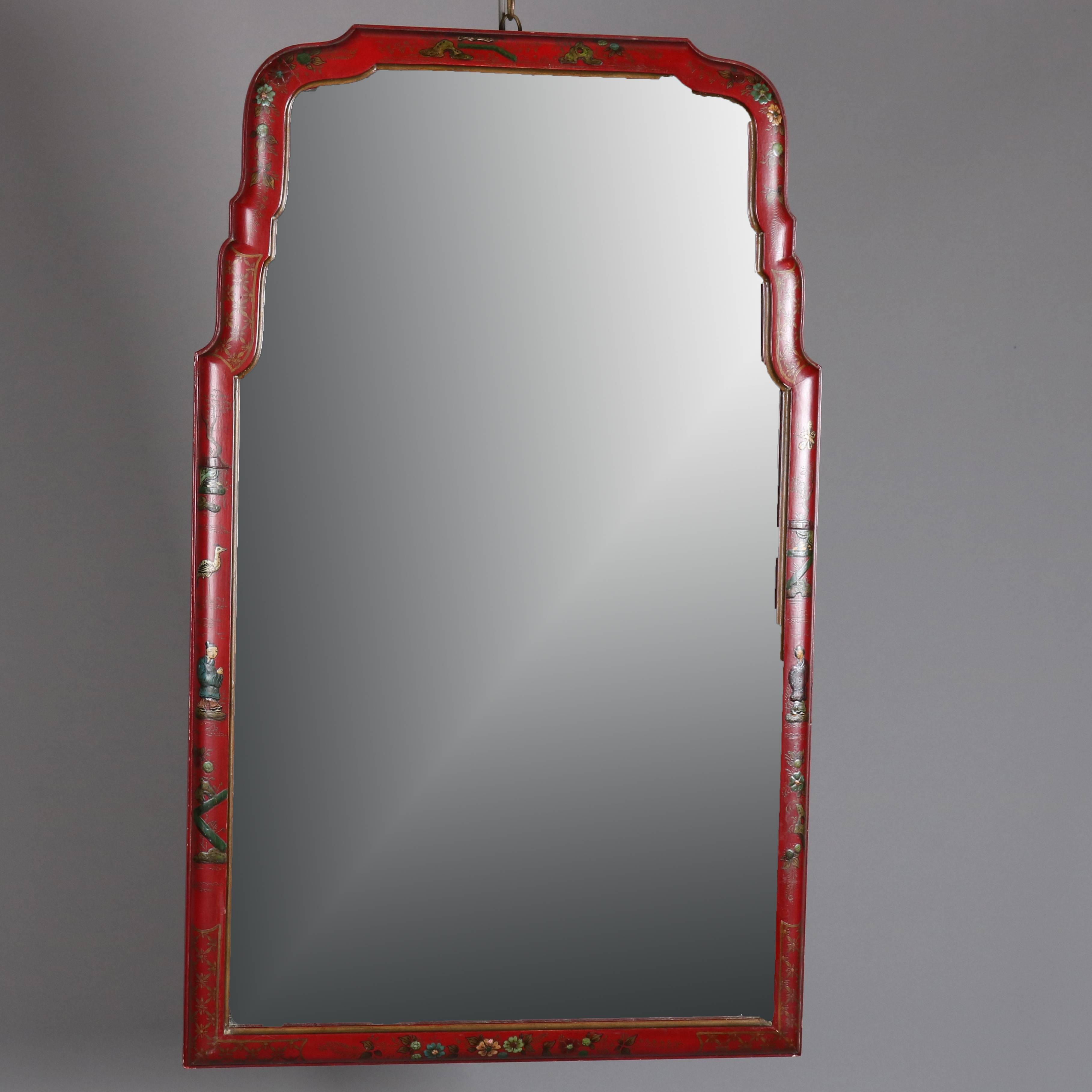 20th Century Chinoiserie Hand-Painted and Gilt on Vermillion Red Wall Mirror with Villagers