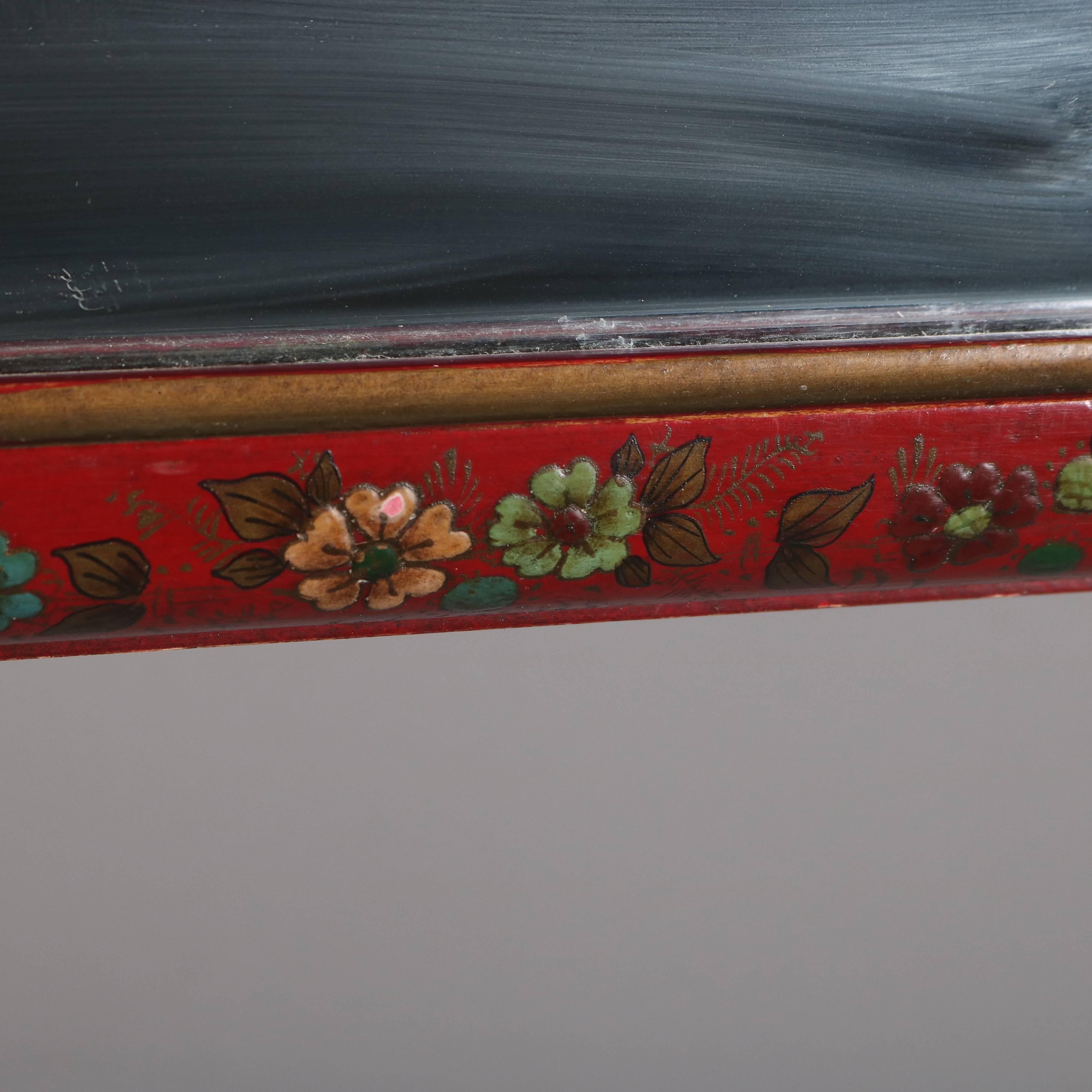 European Chinoiserie Hand-Painted and Gilt on Vermillion Red Wall Mirror with Villagers