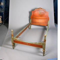 Pair of Adam Style Classical Hand-Painted, Gilt and Carved Satinwood Twin Beds