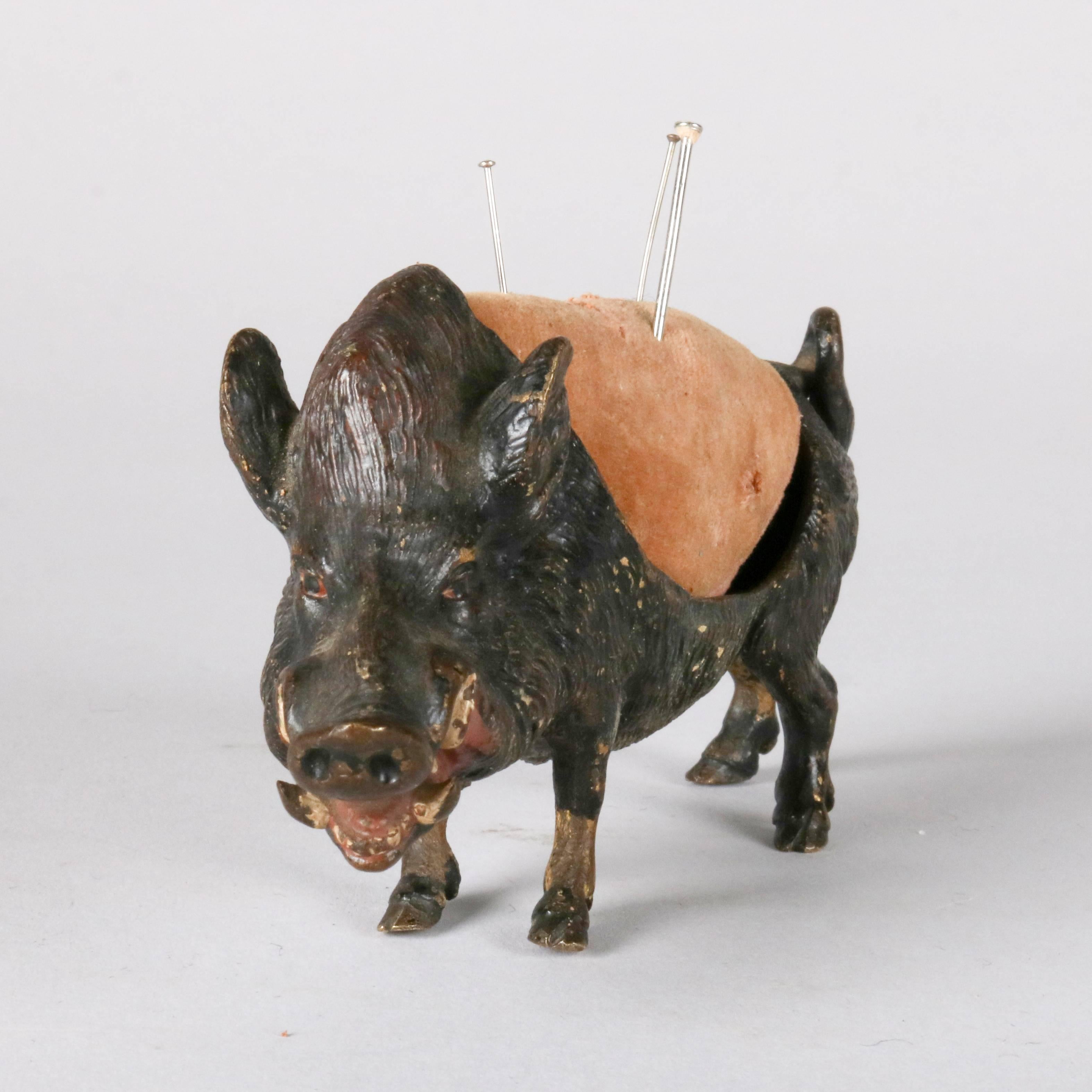 Antique Franz Bergman School Austrian Cold Painted Bronze Boar Pin Cushion In Good Condition In Big Flats, NY