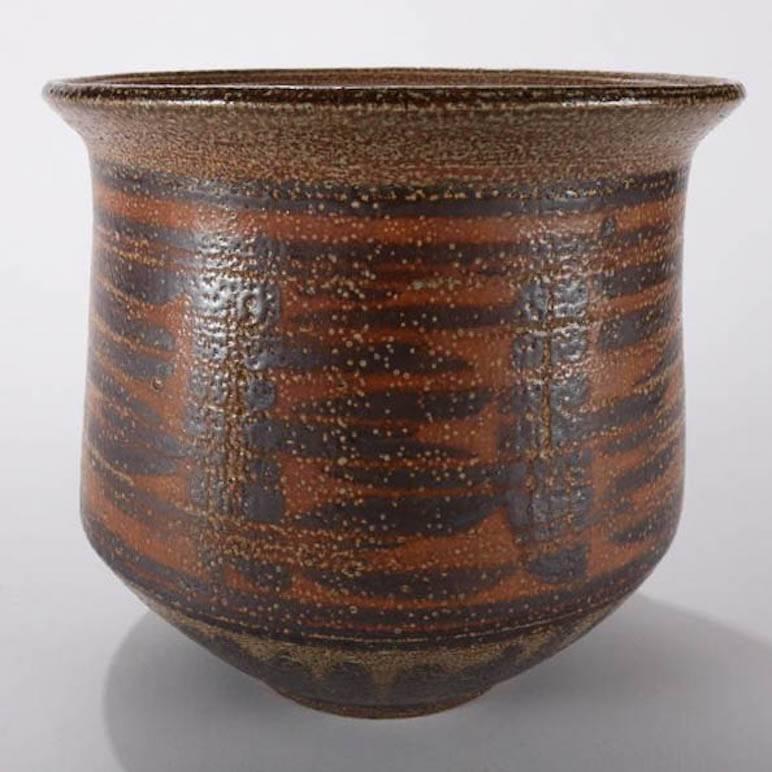 Arts and Crafts Mid-Century Modern Hand-Thrown & Salt Glaze Art Pottery Pot, Tribal Design