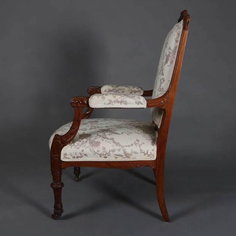 Antique French Louis XVI Carved Walnut Upholstered Sofa and Chair Parlor Set In Good Condition In Big Flats, NY