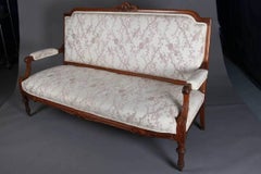 Antique French Louis XVI Carved Walnut Upholstered Sofa and Chair Parlor Set
