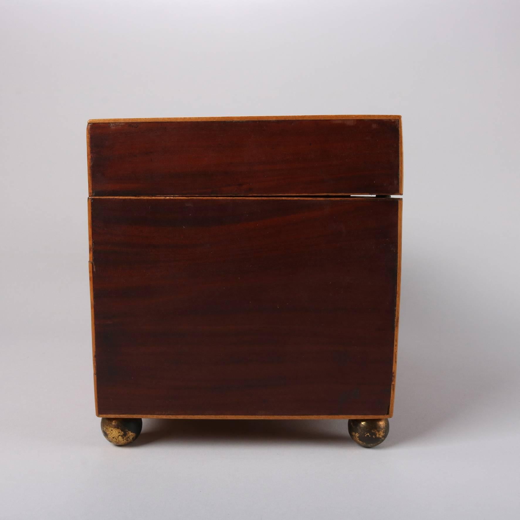 19th Century Antique English Edwardian Mahogany and Satinwood Tea Caddy with Cobalt Bowl