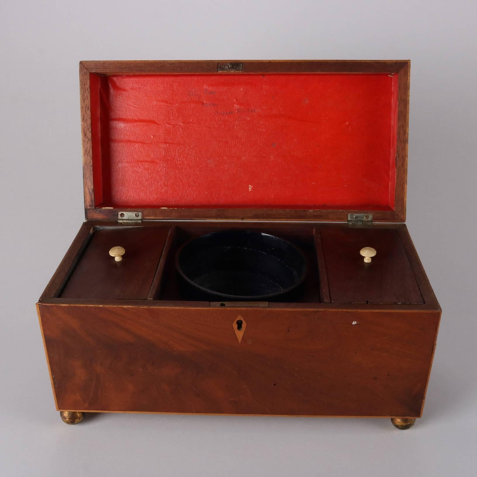 Gilt Antique English Edwardian Mahogany and Satinwood Tea Caddy with Cobalt Bowl