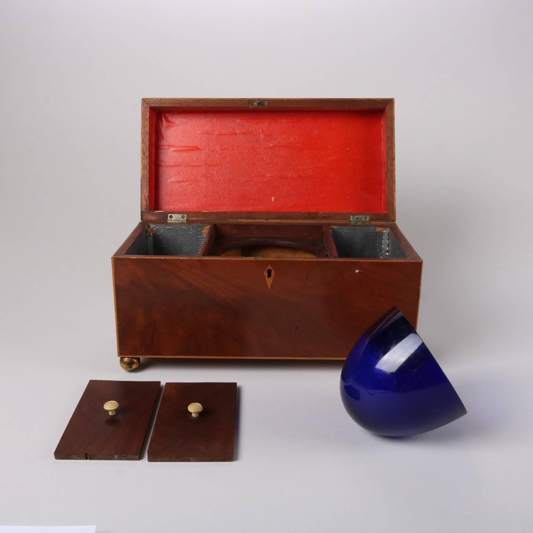 Antique English Edwardian Mahogany and Satinwood Tea Caddy with Cobalt Bowl In Good Condition In Big Flats, NY