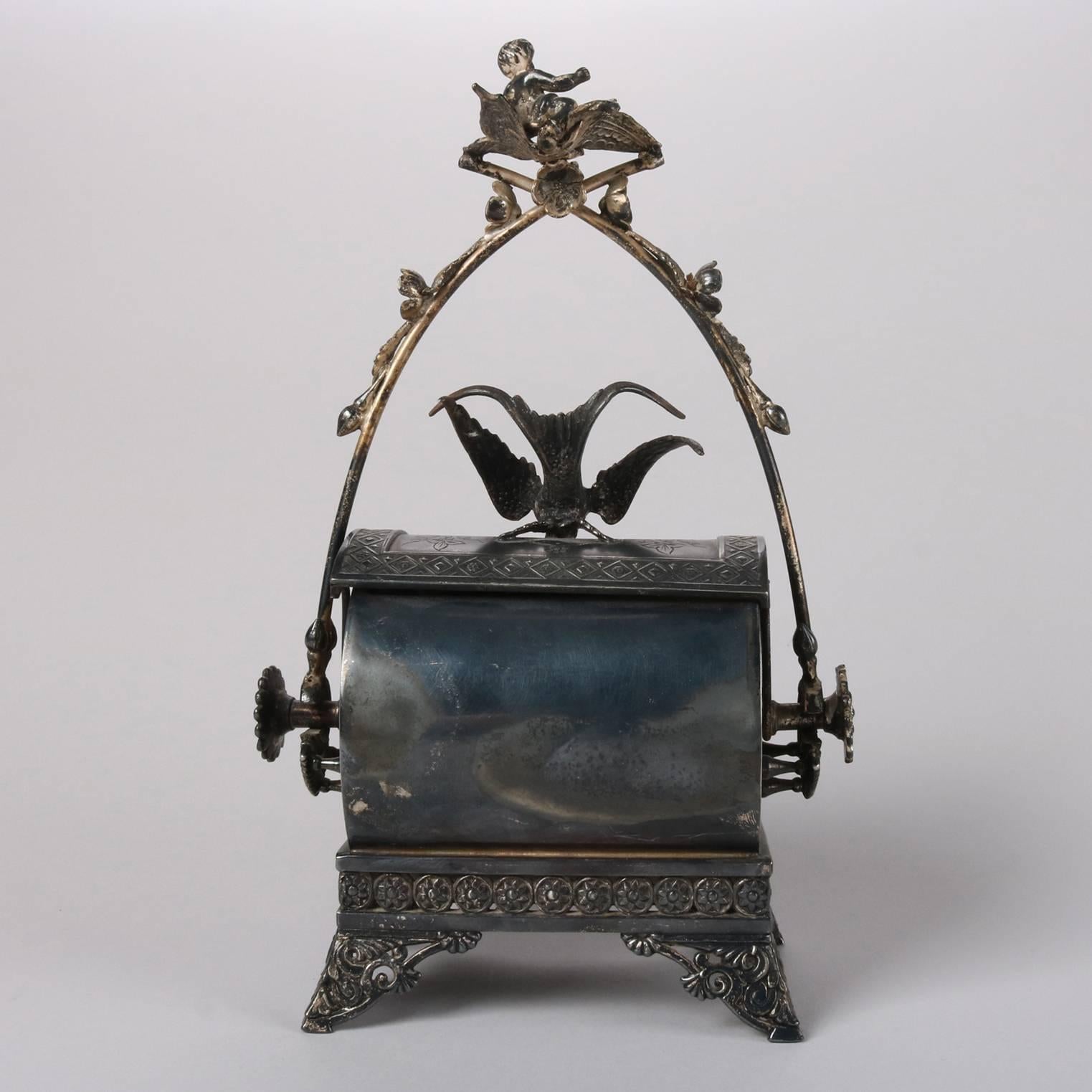 European Antique Aesthetic Movement Silver Plate Figural Roll Back Jewelry Casket