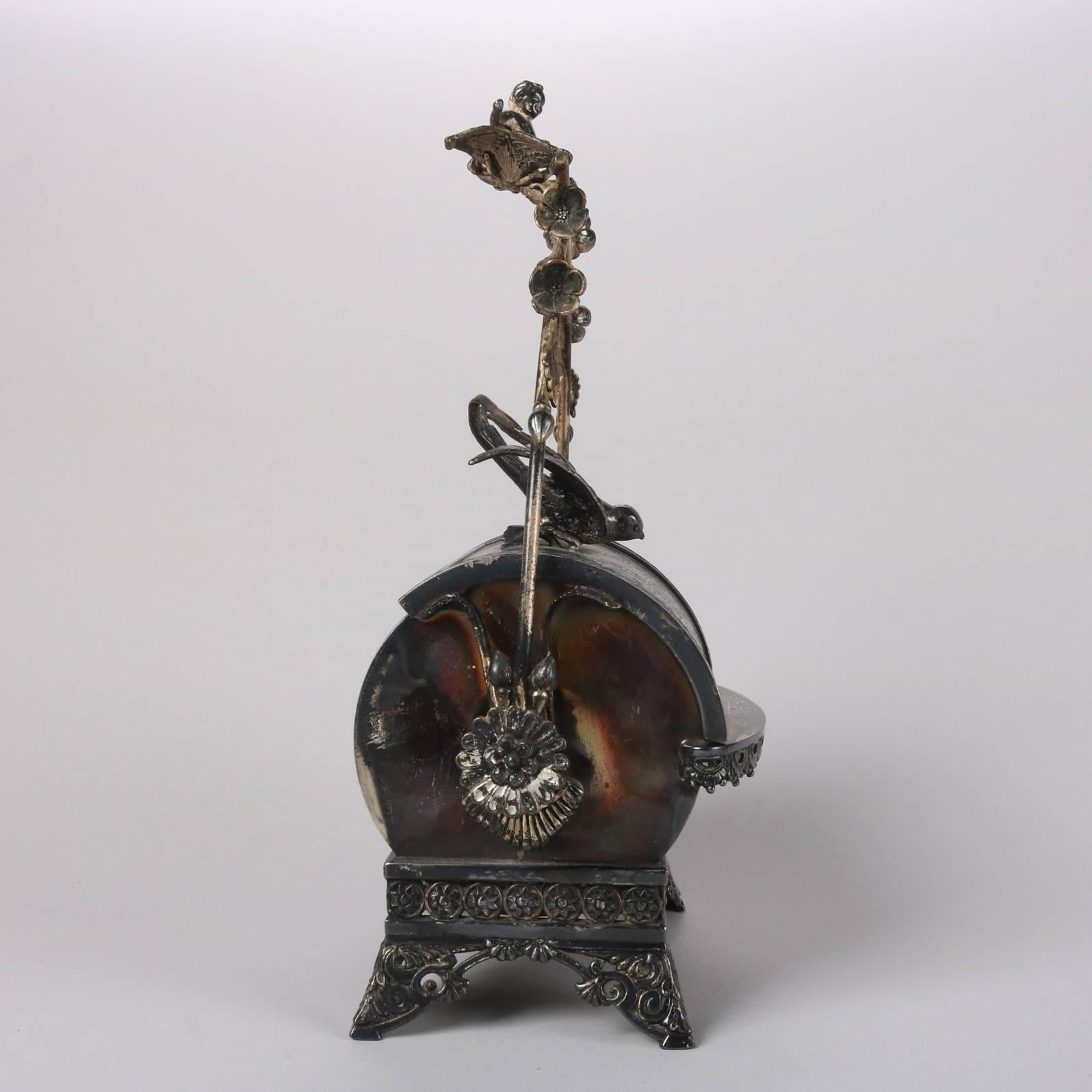 Cast Antique Aesthetic Movement Silver Plate Figural Roll Back Jewelry Casket