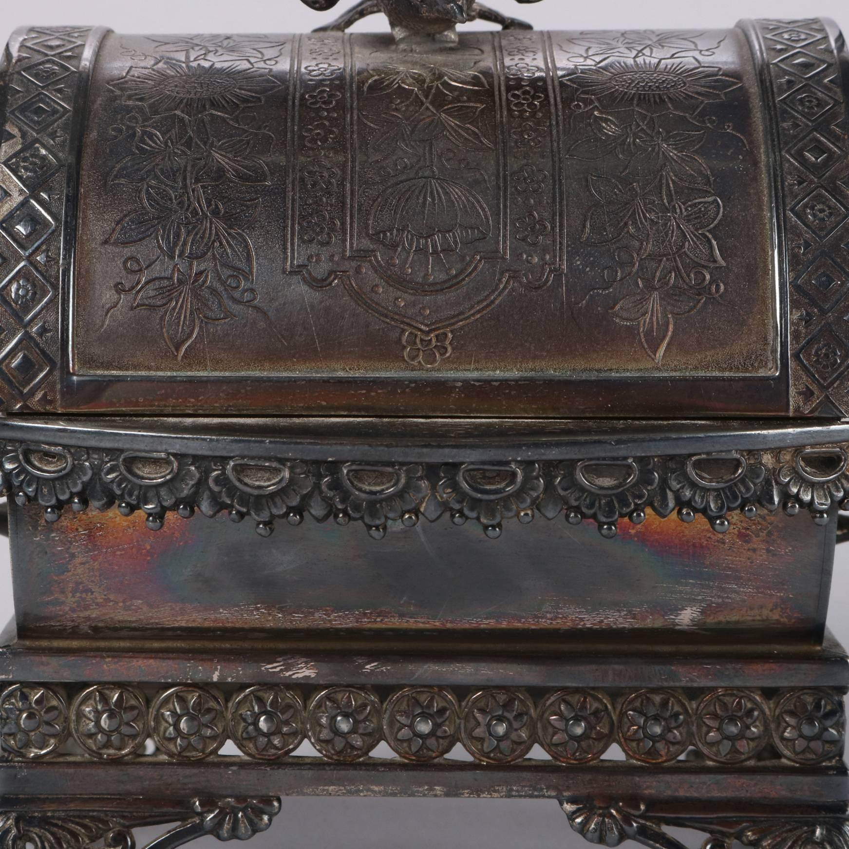 Antique Aesthetic Movement Silver Plate Figural Roll Back Jewelry Casket In Good Condition In Big Flats, NY