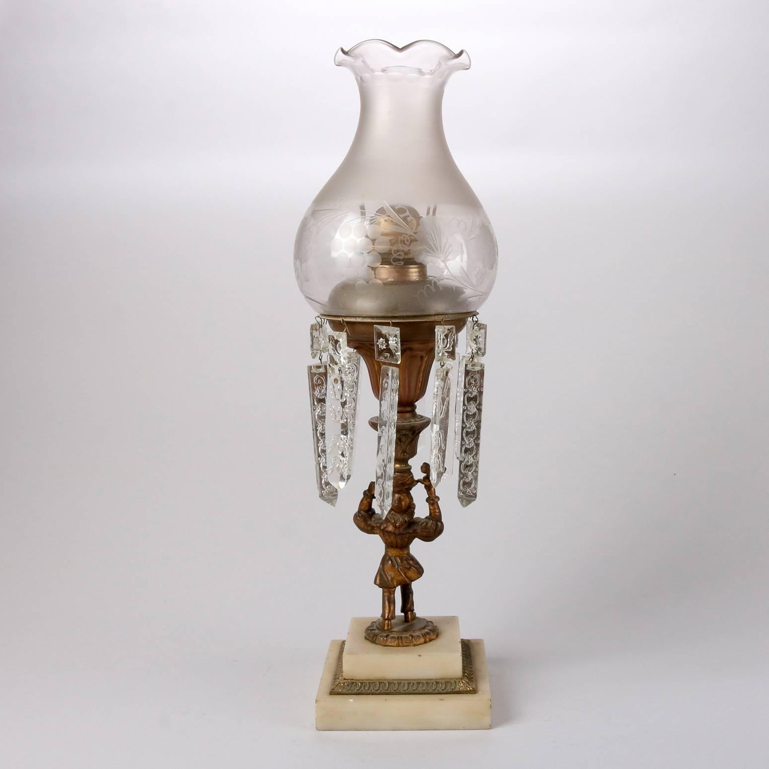 Antique English Early Original Figural Bronze Solar Lamp, Cut-Glass Prisms 1