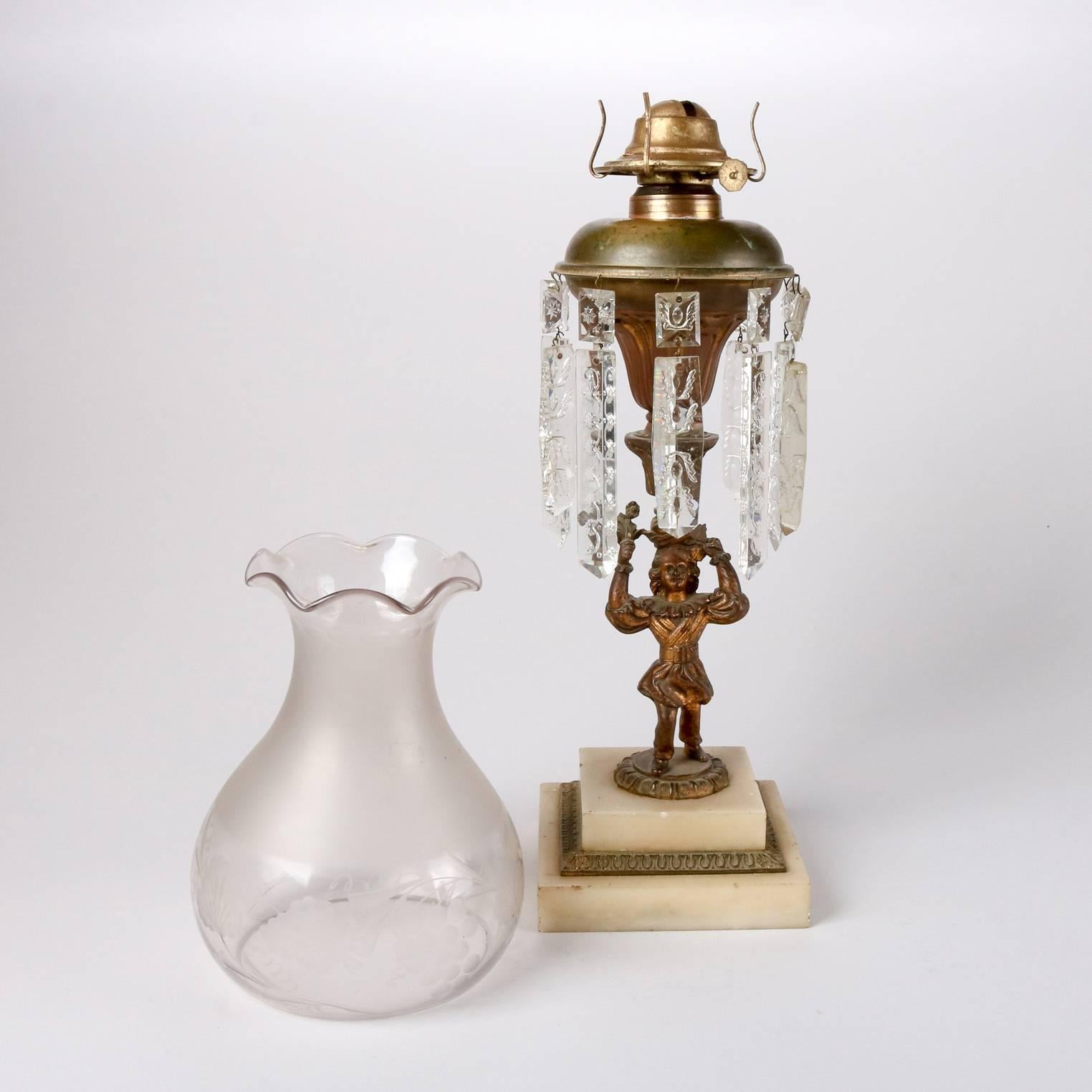 19th Century Antique English Early Original Figural Bronze Solar Lamp, Cut-Glass Prisms