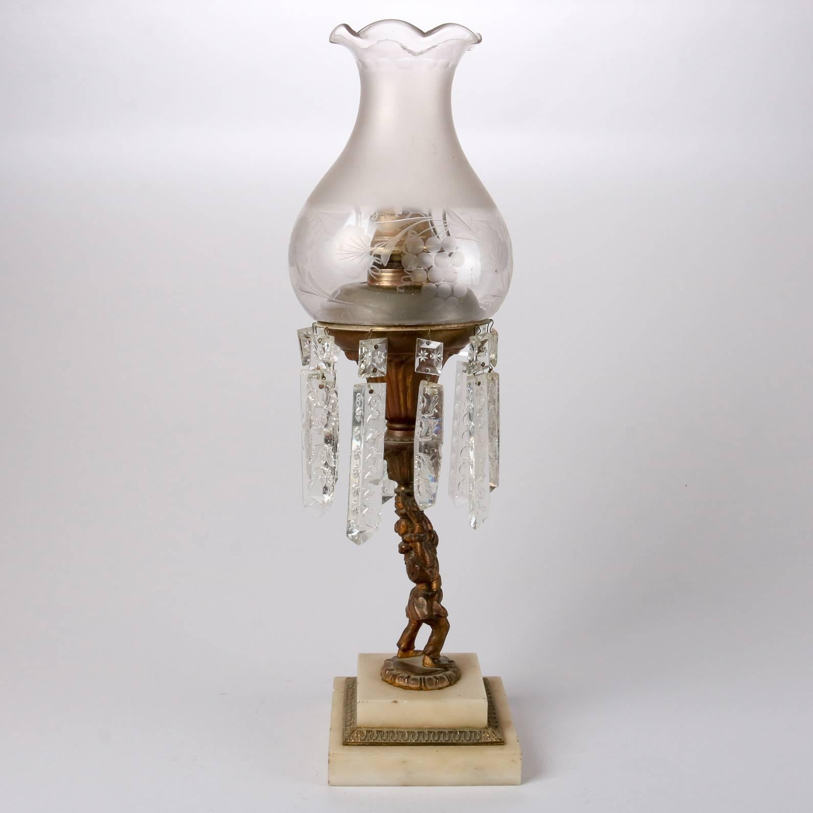 Marble Antique English Early Original Figural Bronze Solar Lamp, Cut-Glass Prisms