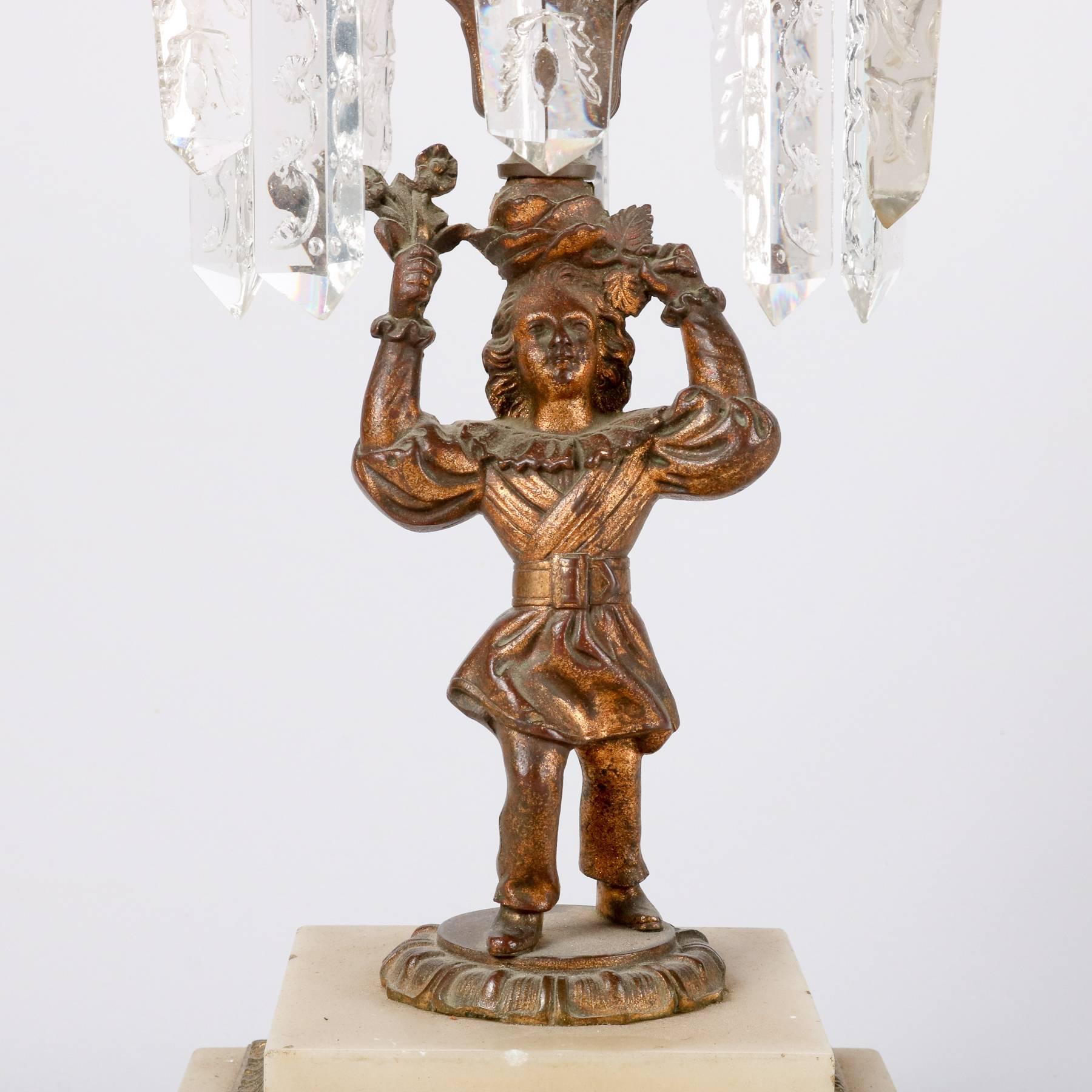 European Antique English Early Original Figural Bronze Solar Lamp, Cut-Glass Prisms
