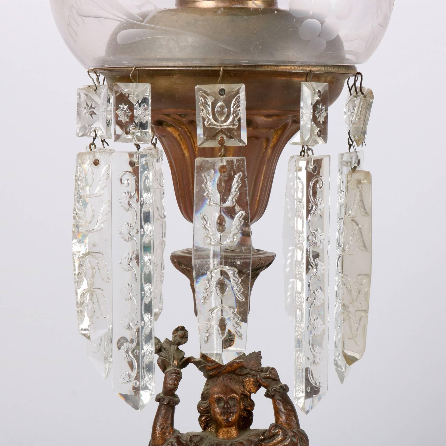Cast Antique English Early Original Figural Bronze Solar Lamp, Cut-Glass Prisms