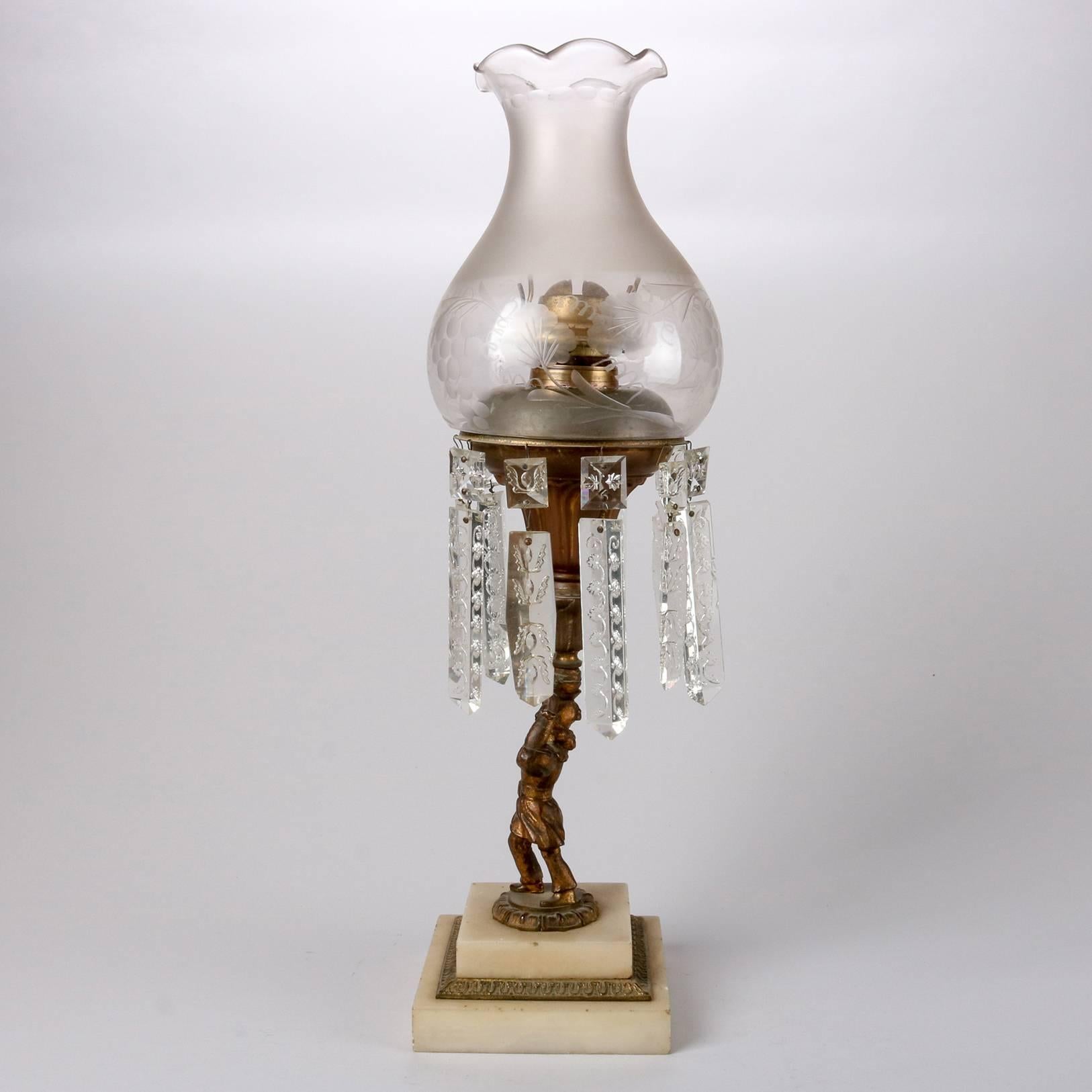 Antique English Early Original Figural Bronze Solar Lamp, Cut-Glass Prisms 2