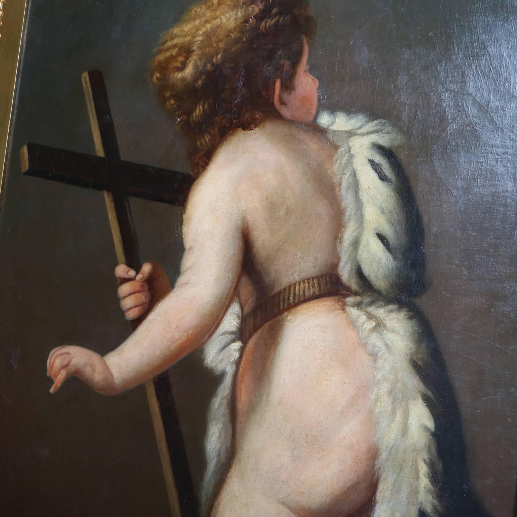 Oversized oil on board painting by L. Morgantin features the infant John the Baptist carrying a cross, signed lower left, seated in giltwood frame, 20th century

Measures: fr: 41" H x 31" W x 3.5" D, los: 29.5" H x 19.5" W.