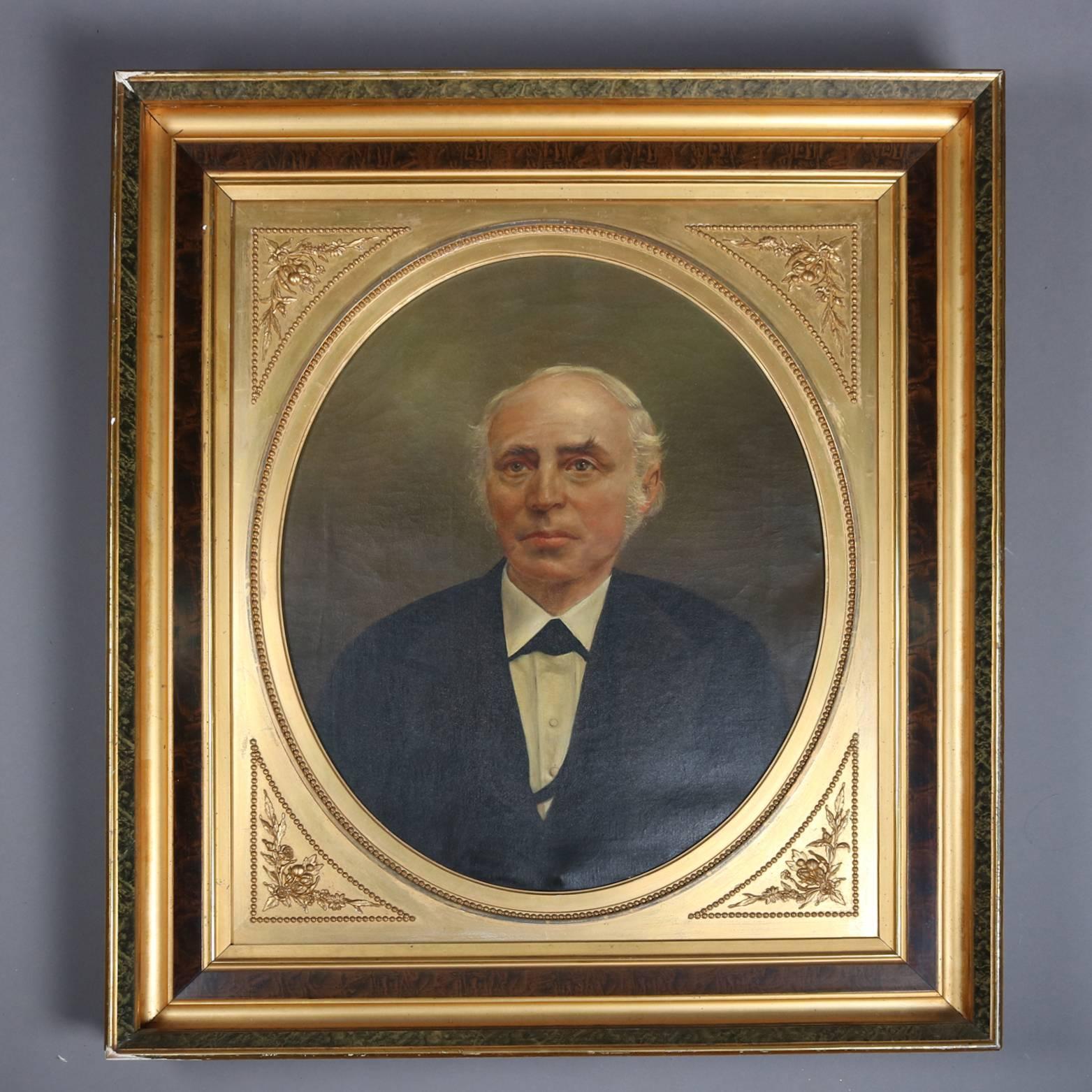 Pair of antique Pennsylvania oil on canvas portrait paintings of Mr. & Mrs. Ferguson by John Moray, en verso 