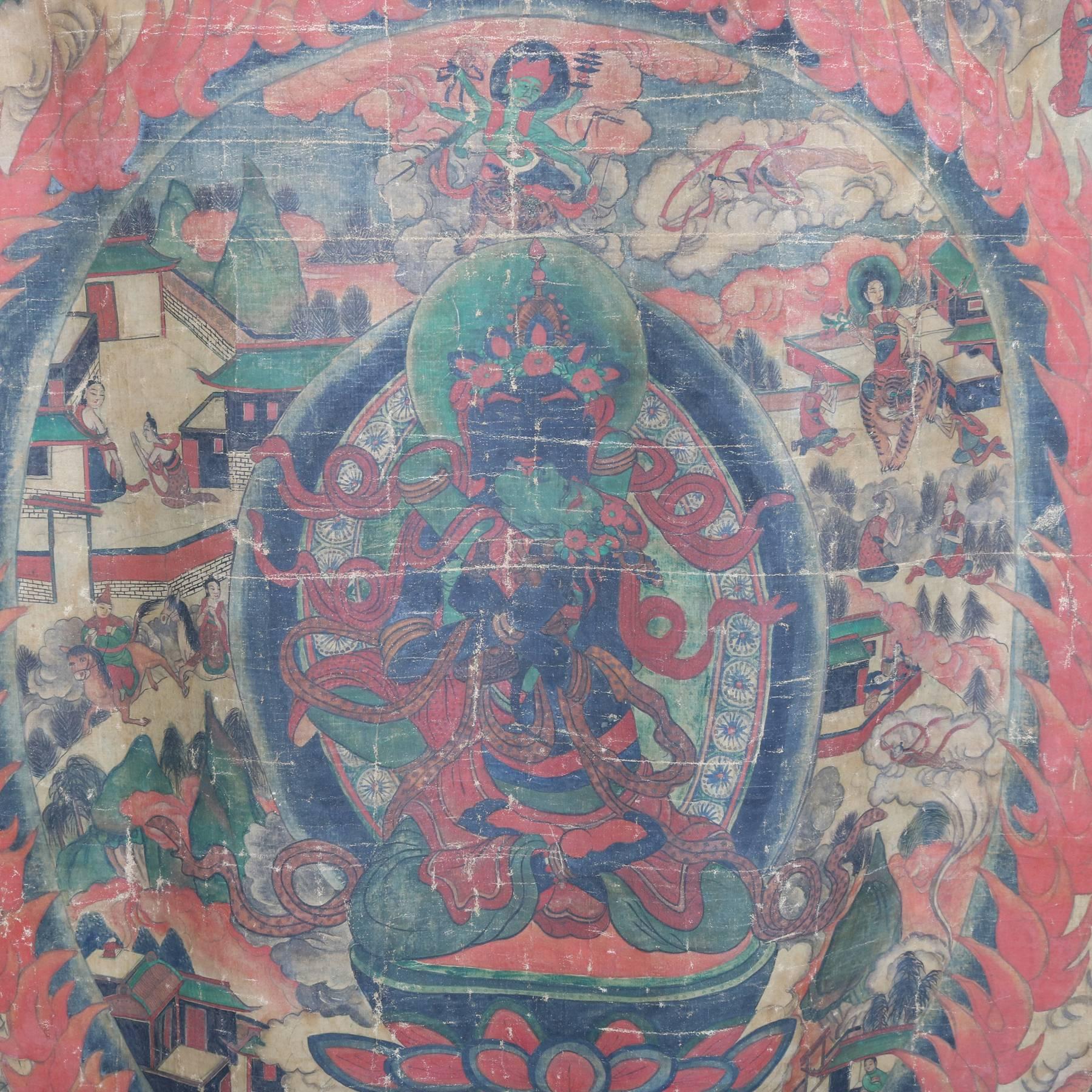 Antique Tangkasnet Thangka Tibetan scroll features hand-painted central Buddhist figure in ring of stylized fire with surround design of figures, hunt scenes, and village scenes, 19th century

Measures: Overall 56" H x 42" W, los: