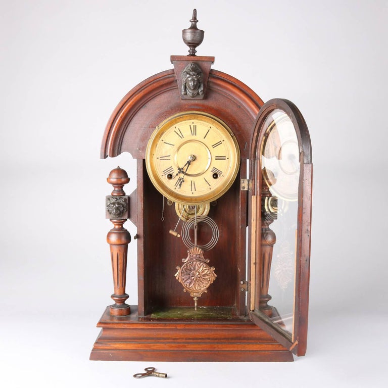 Antique Ingraham Mascot Walnut Figural Mantel Clock with Lion and Mask