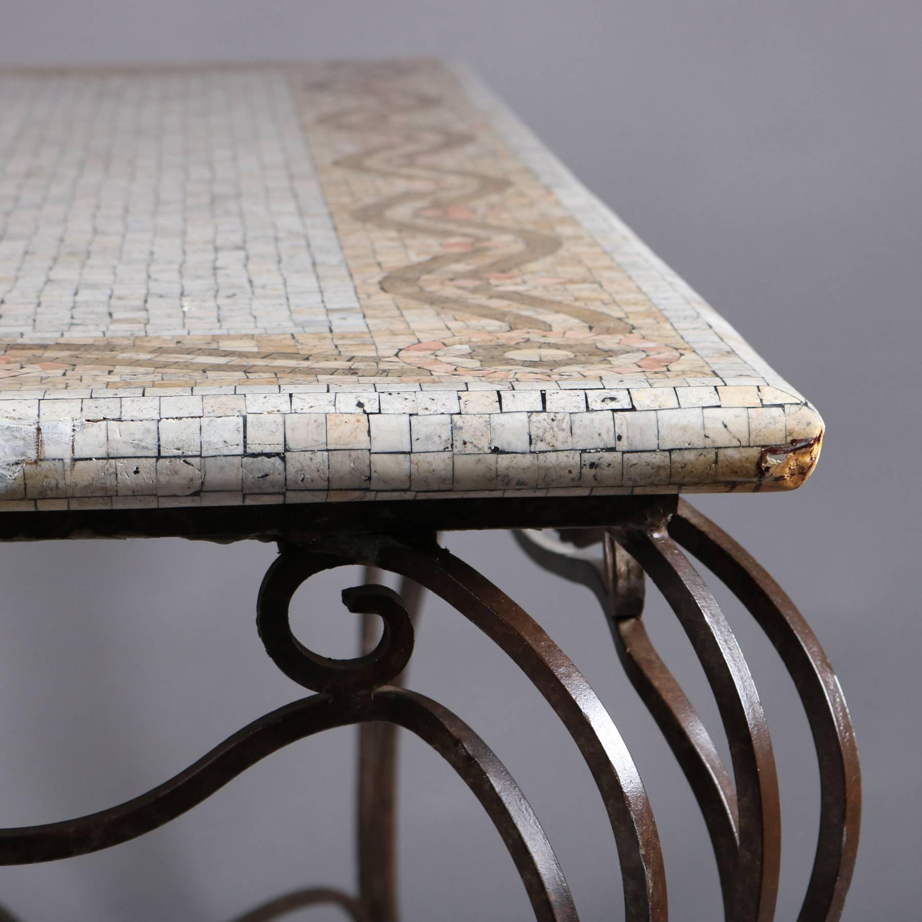 Italian Mosaic Tile Hall Table with Wrought Iron Base, 20th Century 3