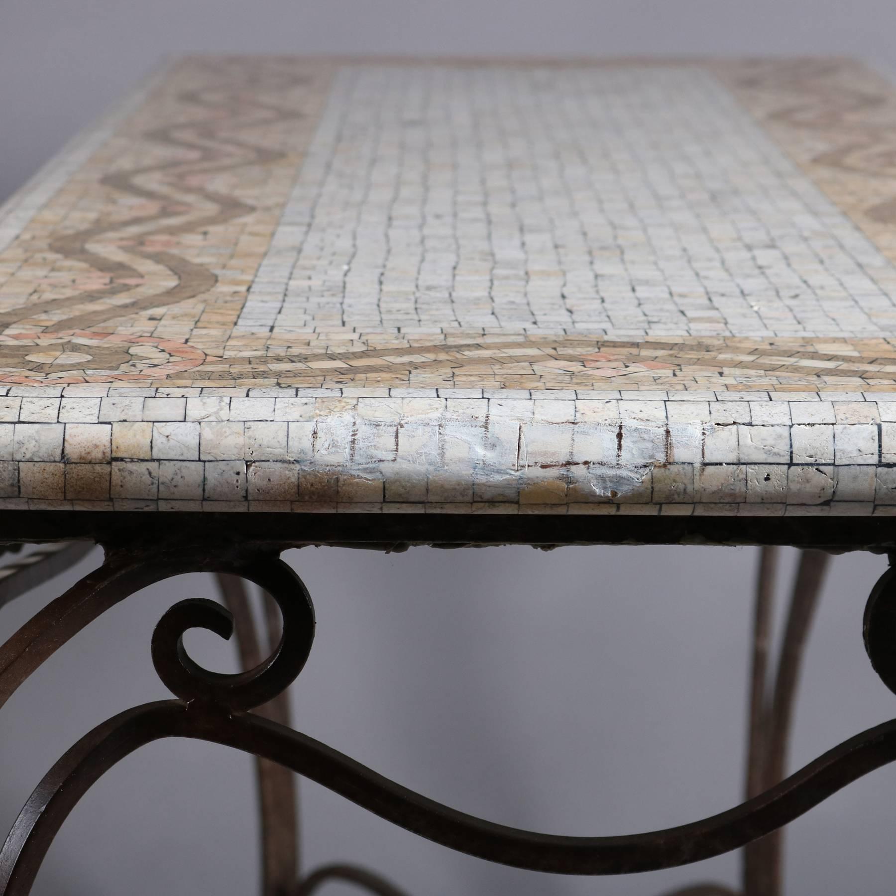 Italian Mosaic Tile Hall Table with Wrought Iron Base, 20th Century 2