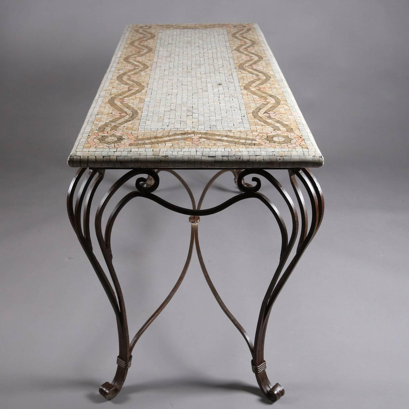Italian Mosaic Tile Hall Table with Wrought Iron Base, 20th Century 7