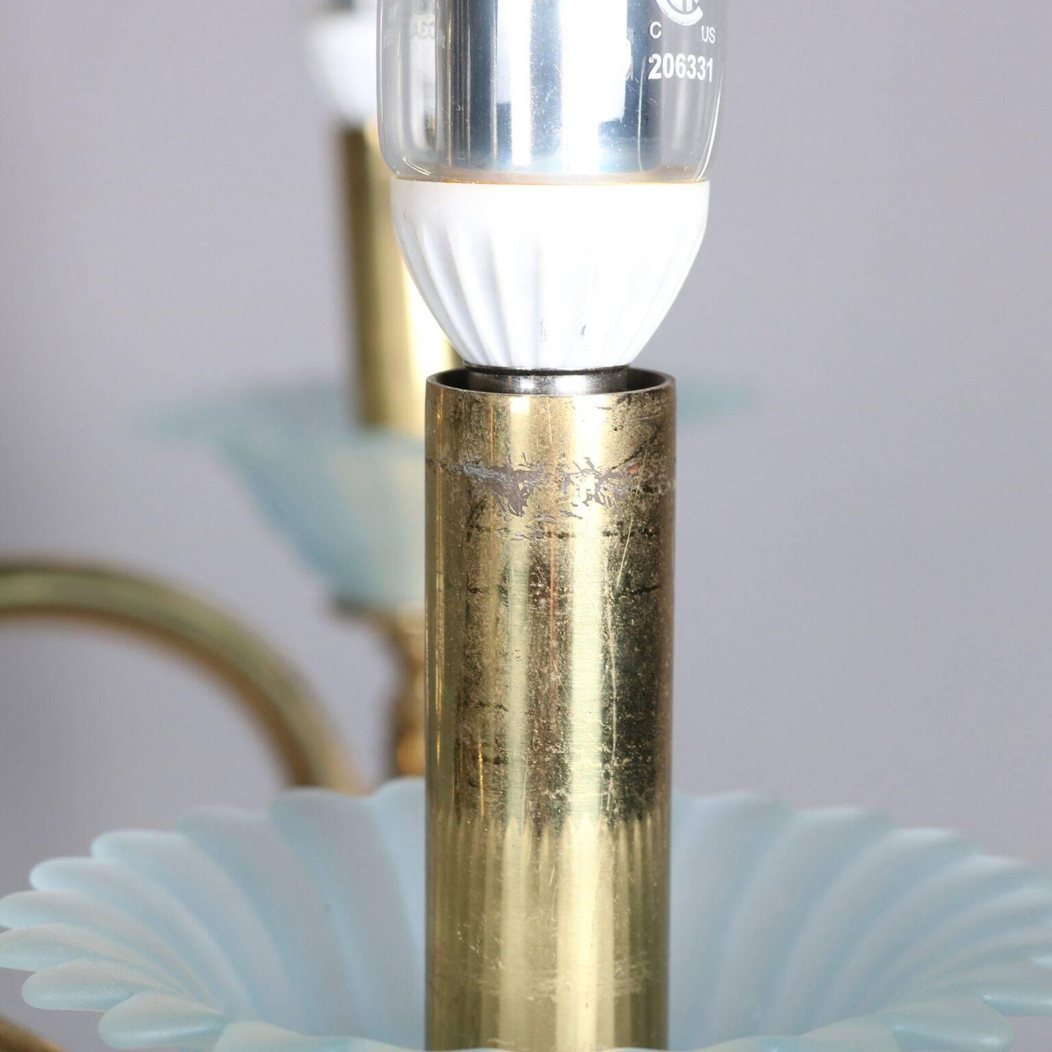 Hollywood Regency Brass Aqua Opalescent Glass Seven-Light Centre Bowl Chandelier 1