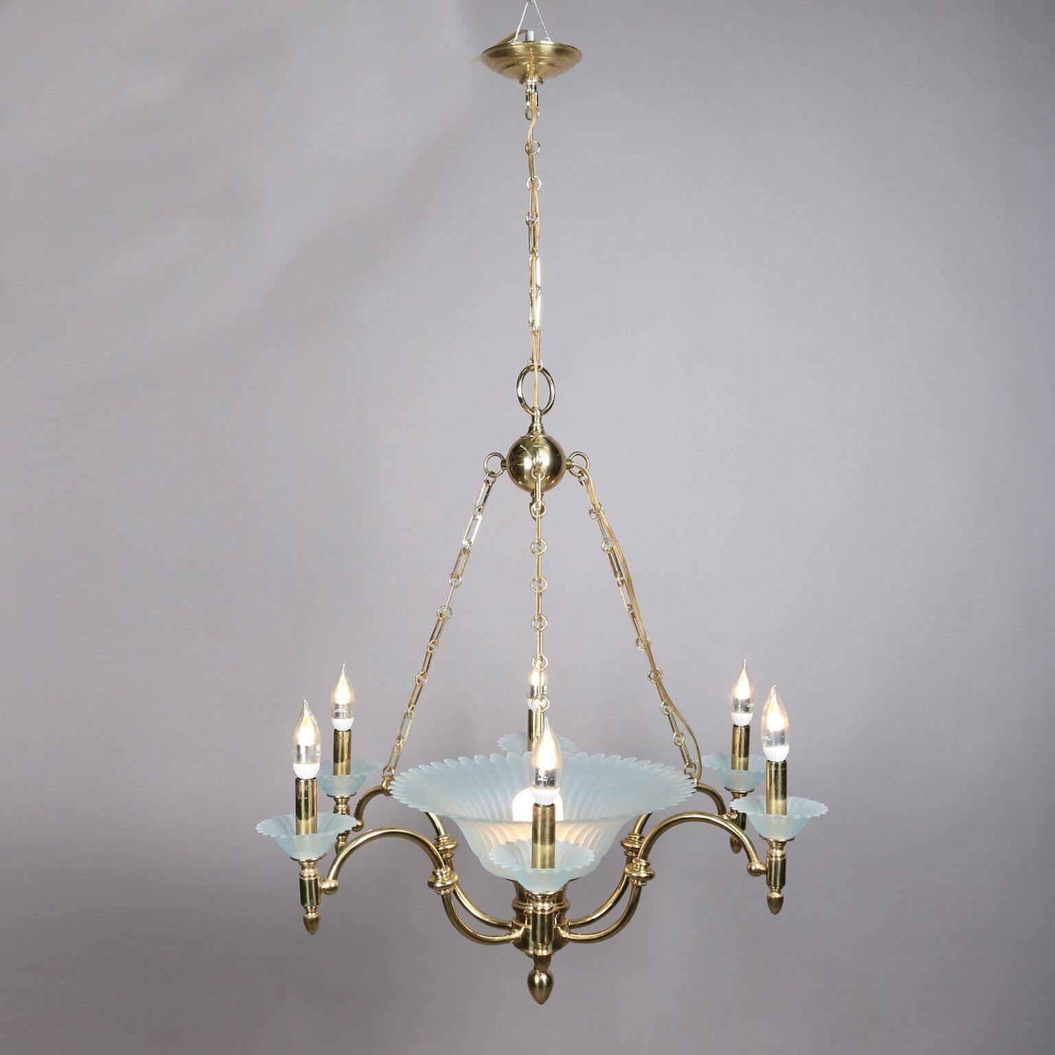 Hollywood Regency Brass Aqua Opalescent Glass Seven-Light Centre Bowl Chandelier In Good Condition In Big Flats, NY