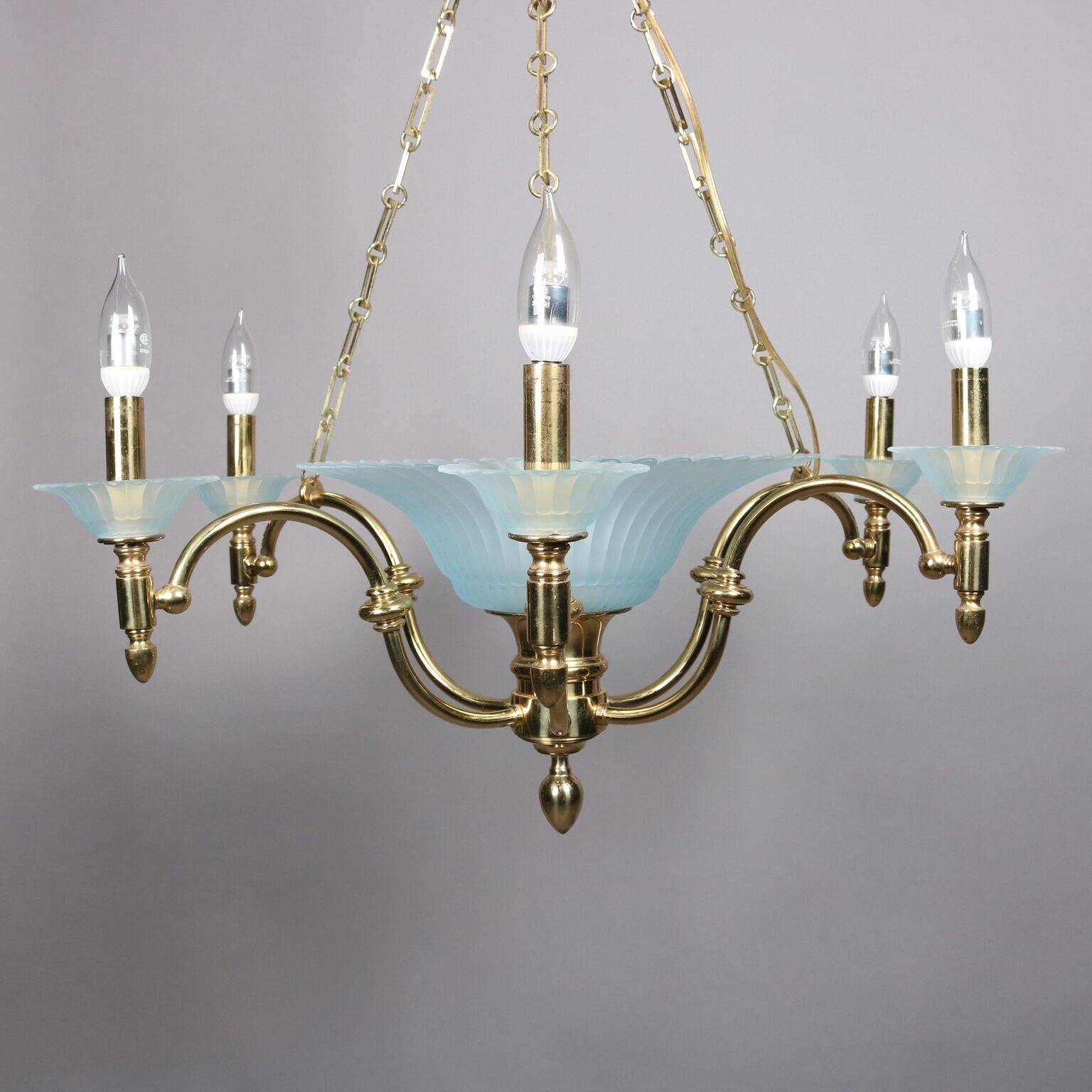 American Hollywood Regency Brass Aqua Opalescent Glass Seven-Light Centre Bowl Chandelier