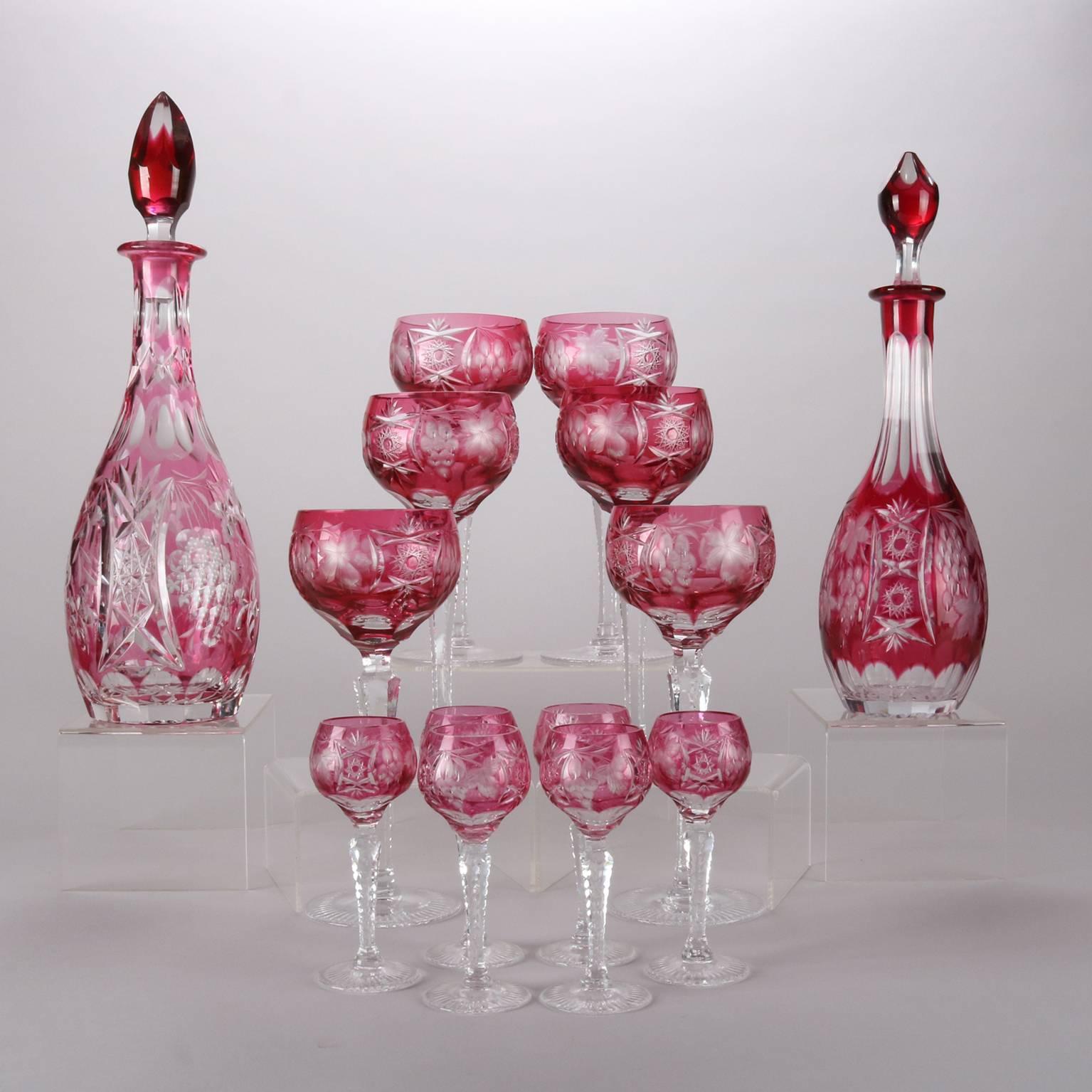 Crystal 14-Piece Cranberry Glass Cut to Clear Decanter and Stemware Set, 19th Century