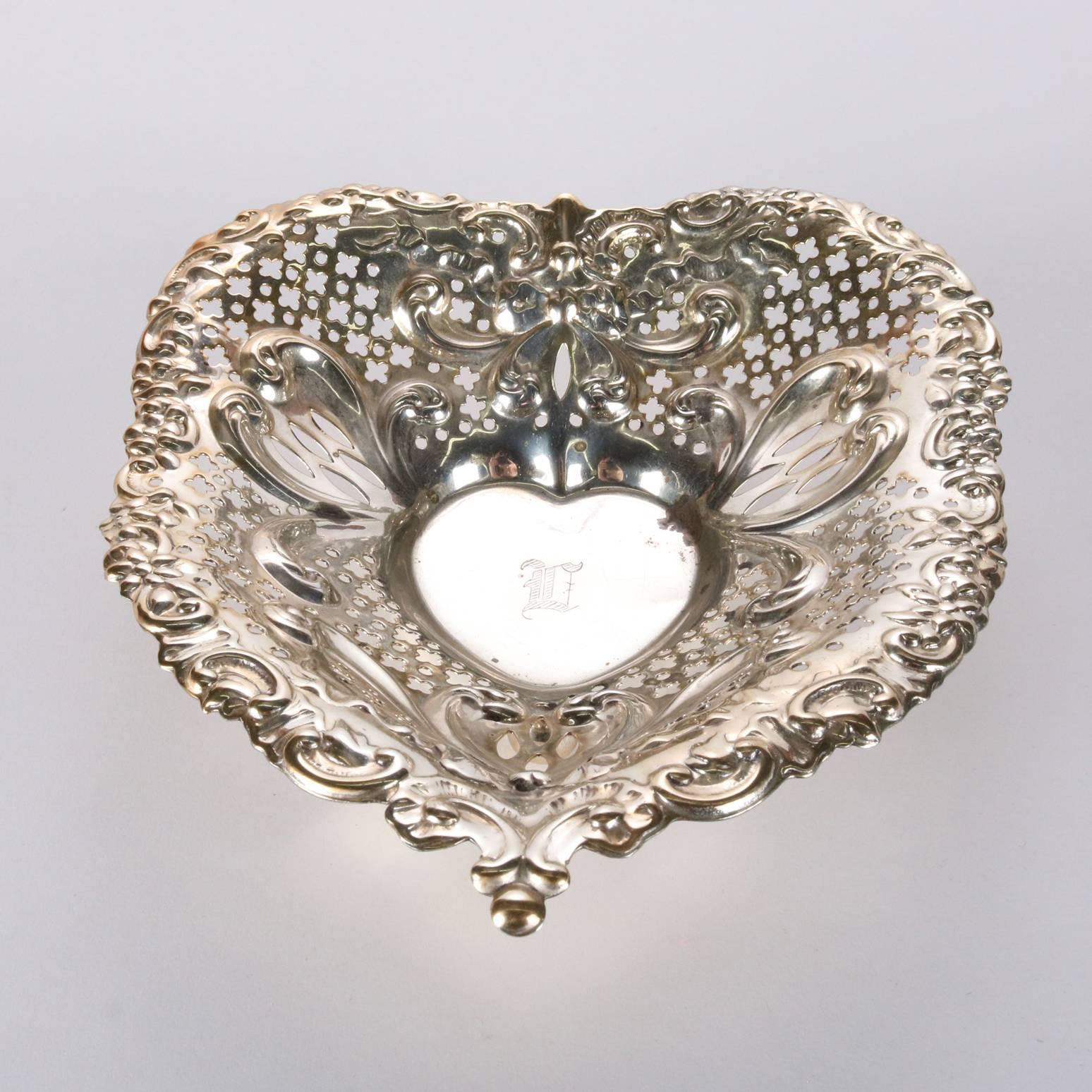 19th Century Antique Sterling Silver Gorham Heart Shaped Reticulated and Footed Dish